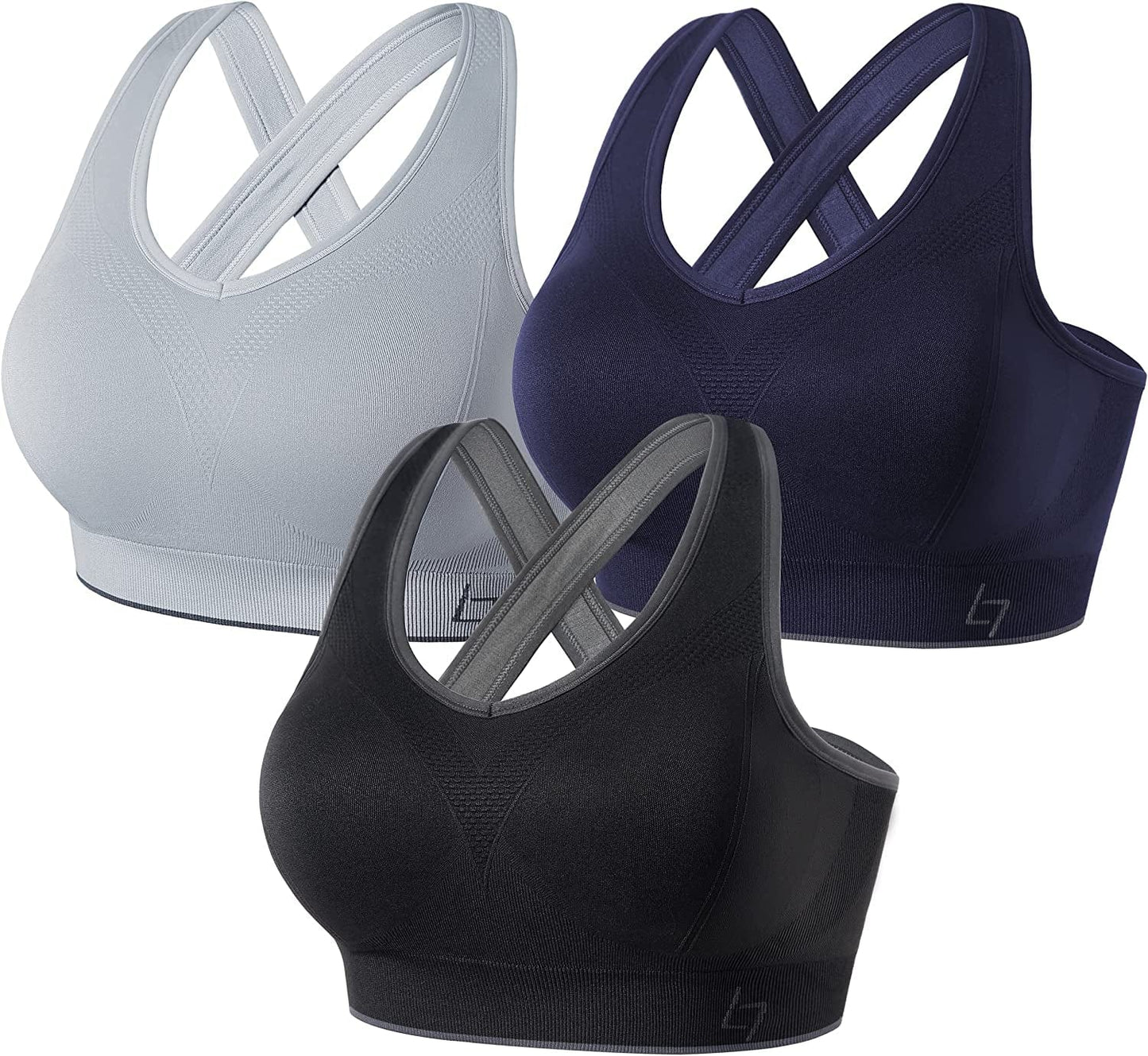 Cross Back Sports Bras for Women - Seamless Sports Bra with Removable Padded for Yoga Gym Workout Black/Navy Blue/Silver Grey / Large