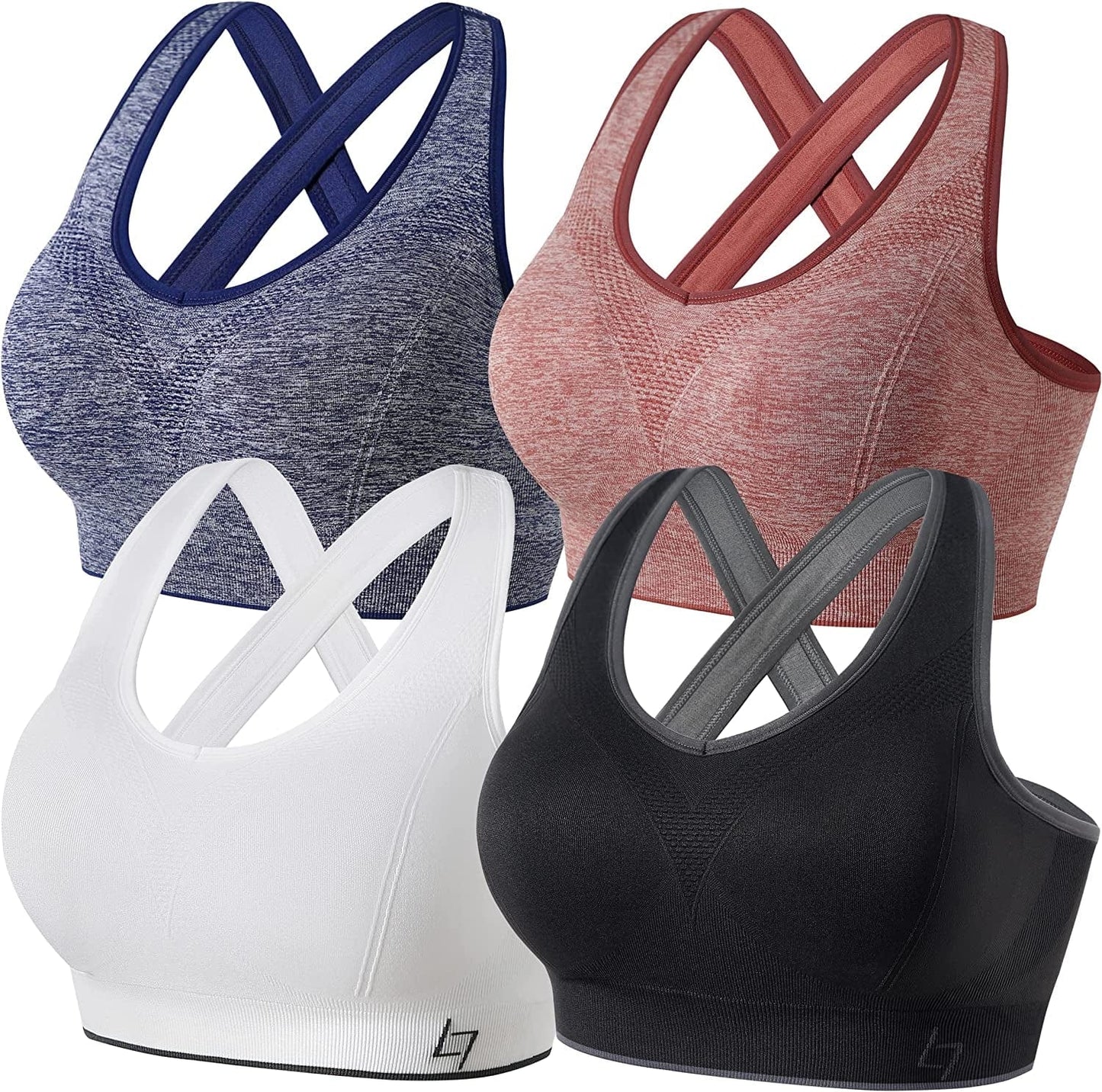 Cross Back Sports Bras for Women - Seamless Sports Bra with Removable Padded for Yoga Gym Workout A-pack of 4 Black/White/Red/Blue / X-Large