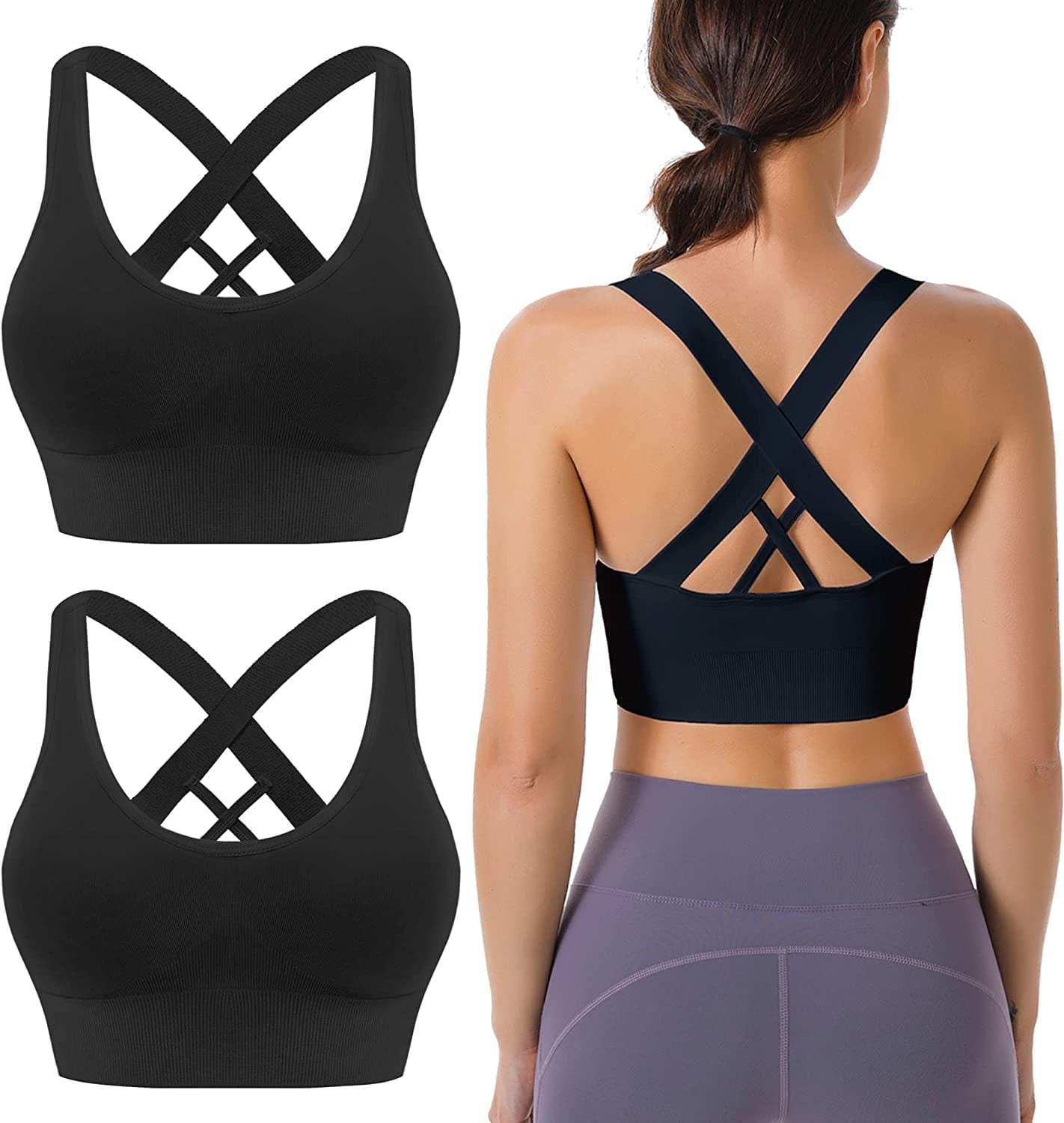 Cross Back Sports Bras for Women Strappy Padded Longline Workout Yoga Bra Cropped Set Low Impact Black Black Black 3 Pack (Wide Straps) / Large