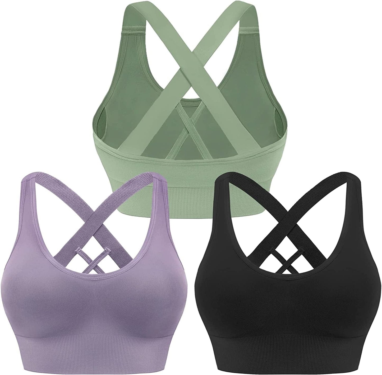 Cross Back Sports Bras for Women Strappy Padded Longline Workout Yoga Bra Cropped Set Low Impact Black Purple Green 3 Pack (Wide Straps) / Medium