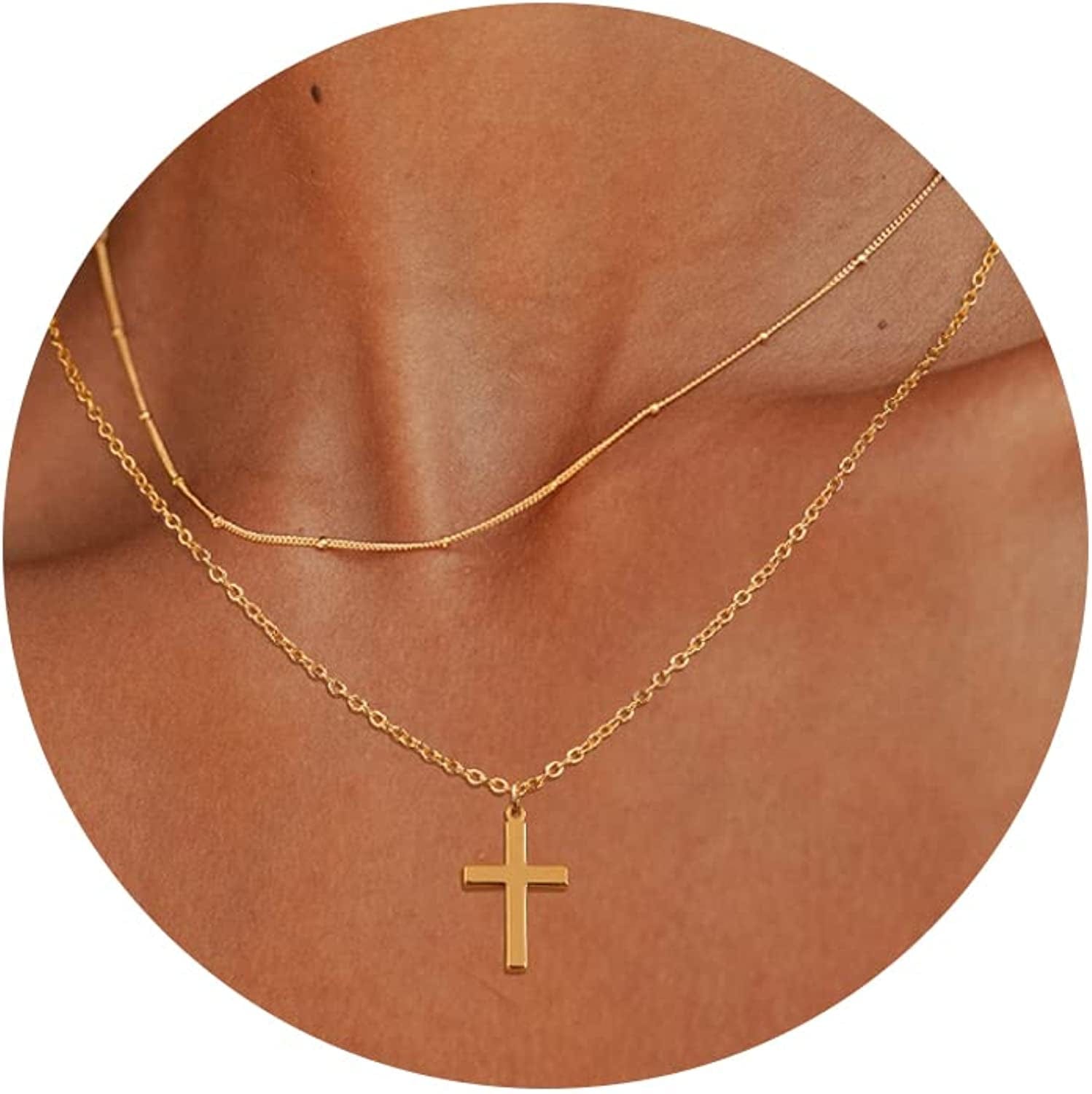 Cross Necklace for Women, 14K Gold Plated/Sterling Silver Chain Necklace Dainty Layered Gold Cross Pendant Necklace Simple Cute Necklaces for Women Gold Jewelry for Women Style 2