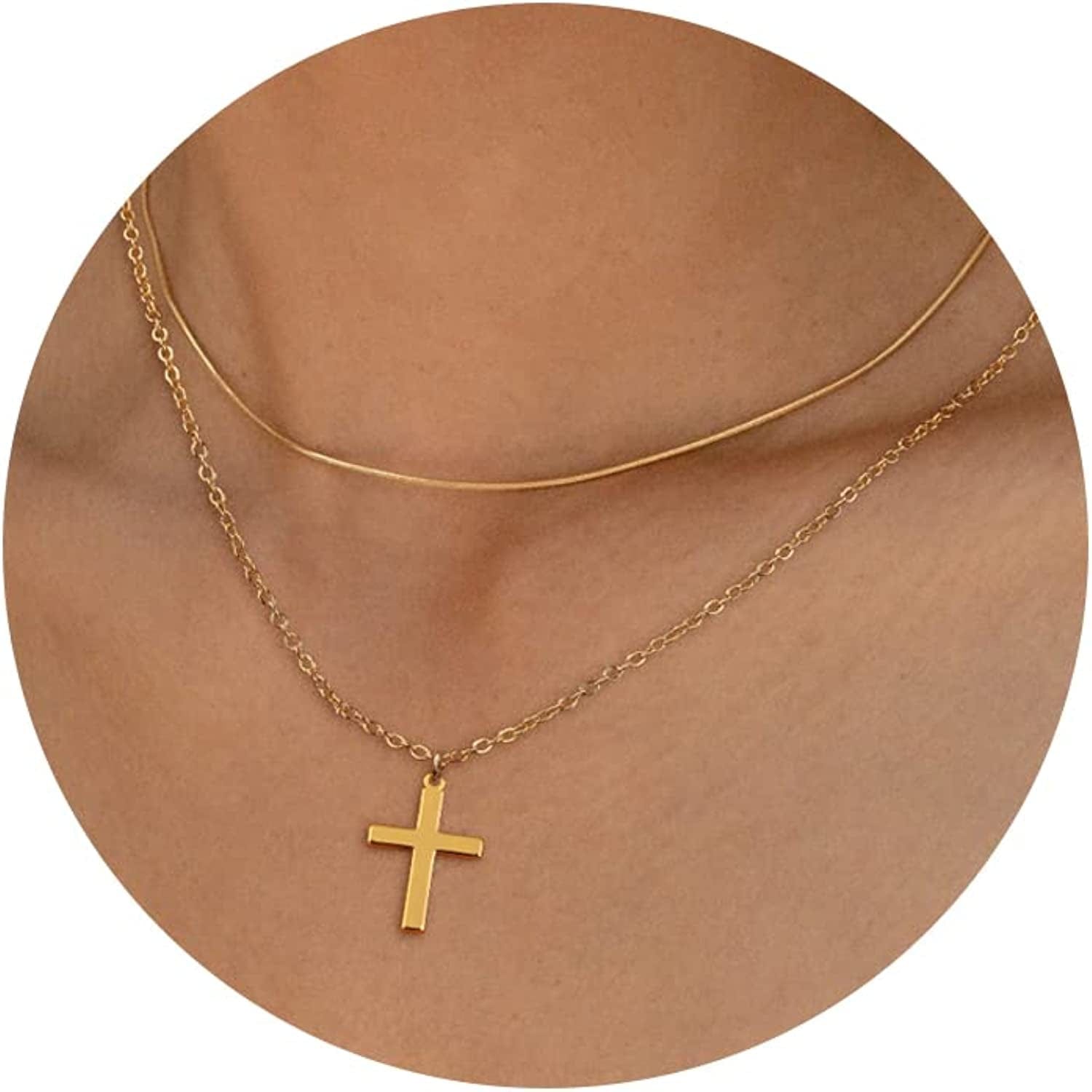 Cross Necklace for Women, 14K Gold Plated/Sterling Silver Chain Necklace Dainty Layered Gold Cross Pendant Necklace Simple Cute Necklaces for Women Gold Jewelry for Women Style 4