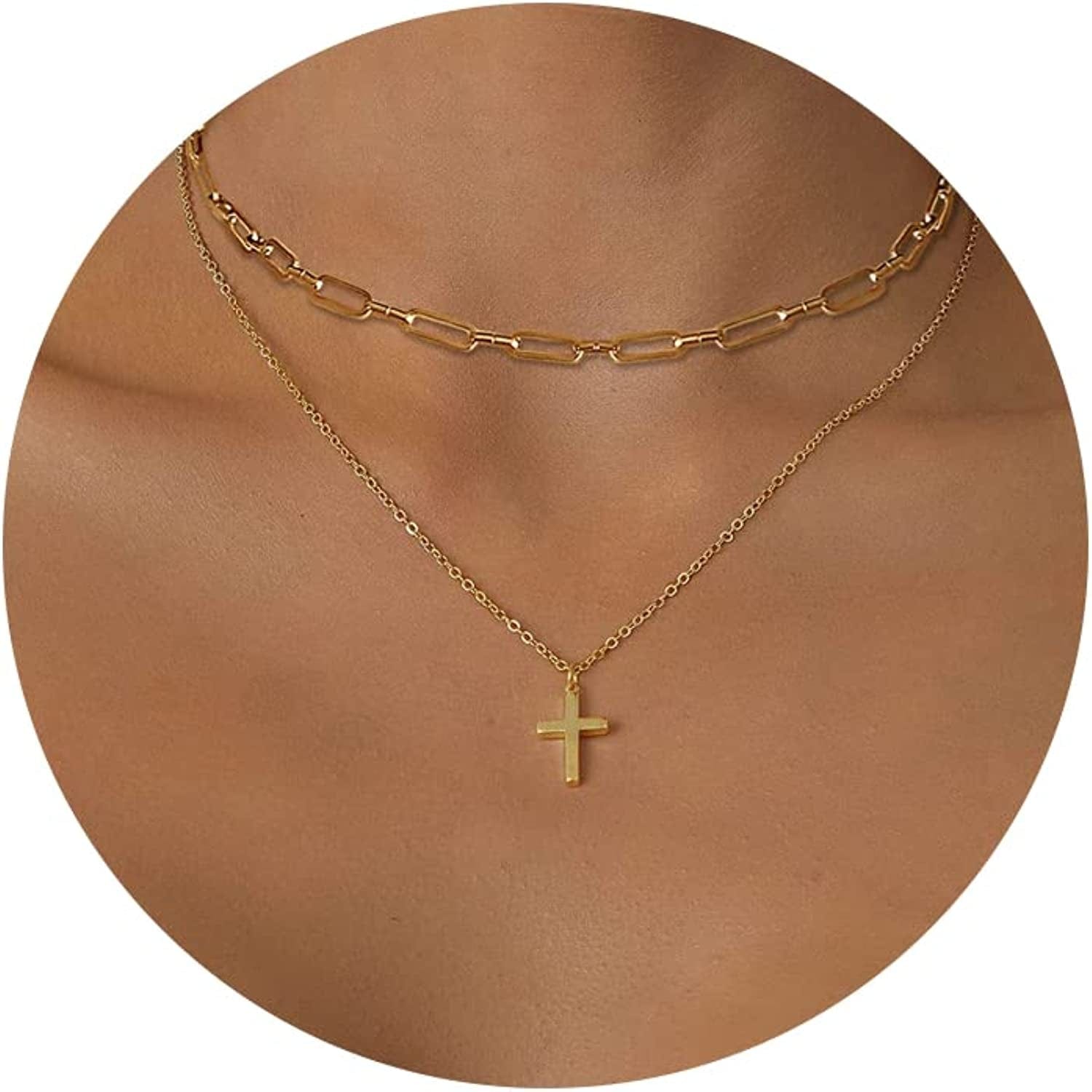 Cross Necklace for Women, 14K Gold Plated/Sterling Silver Chain Necklace Dainty Layered Gold Cross Pendant Necklace Simple Cute Necklaces for Women Gold Jewelry for Women Style 3