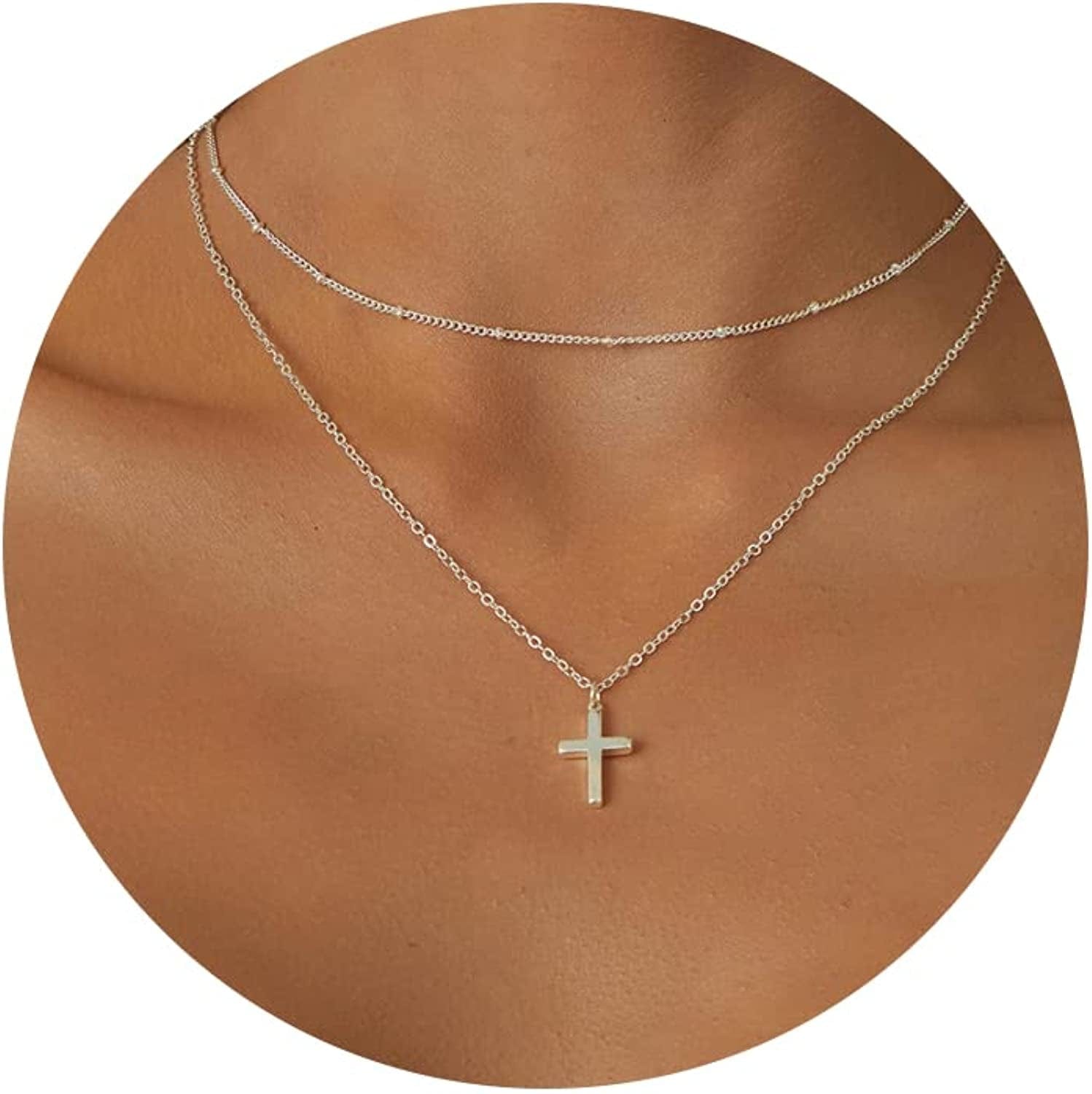 Cross Necklace for Women, 14K Gold Plated/Sterling Silver Chain Necklace Dainty Layered Gold Cross Pendant Necklace Simple Cute Necklaces for Women Gold Jewelry for Women Style 1