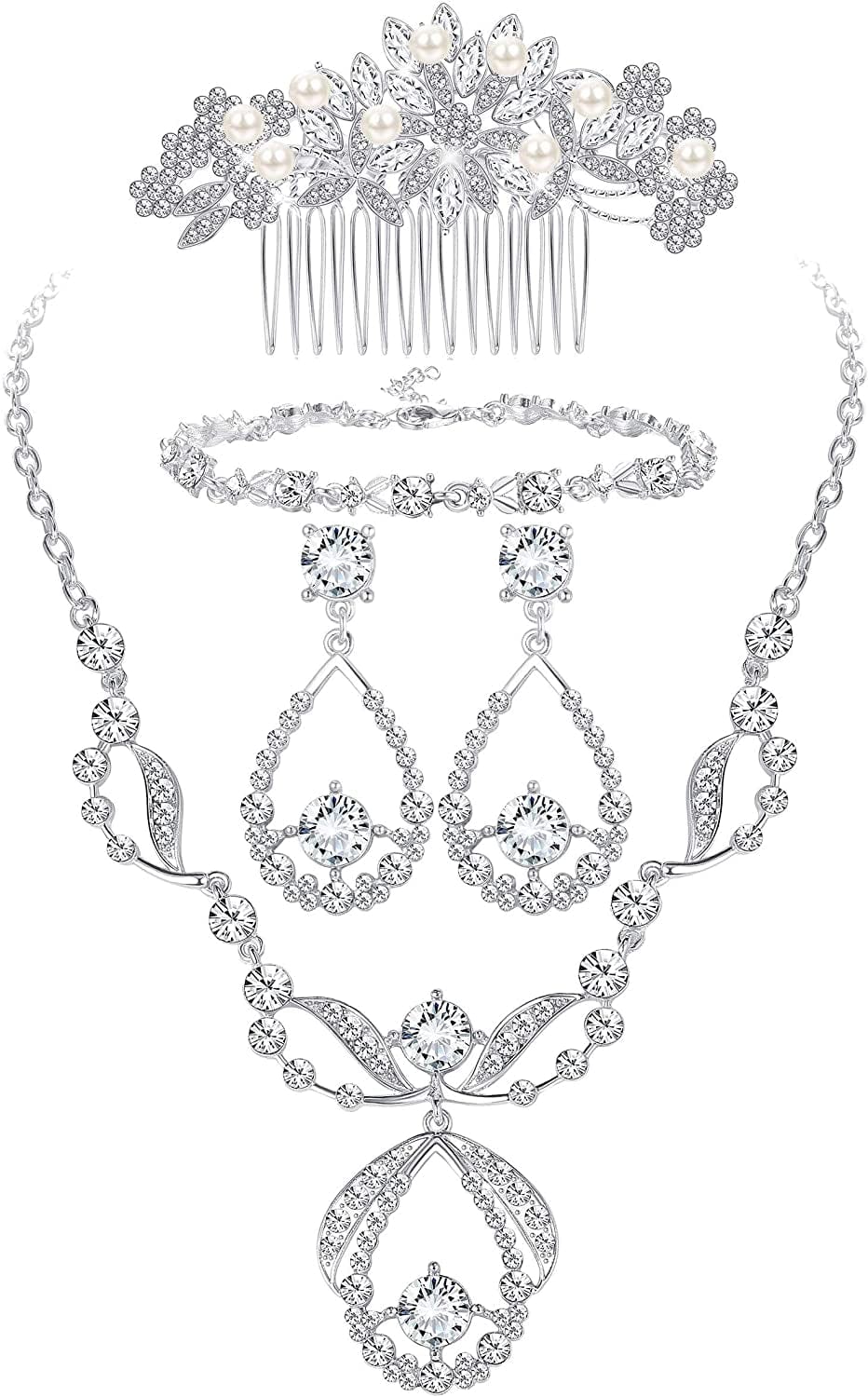 Crystal Bridal Jewelry Set for Prom Wedding Bride Bridesmaids Vintage Rhinestone Necklace Earrings Bracelet Comb for Women B:Silver Tone