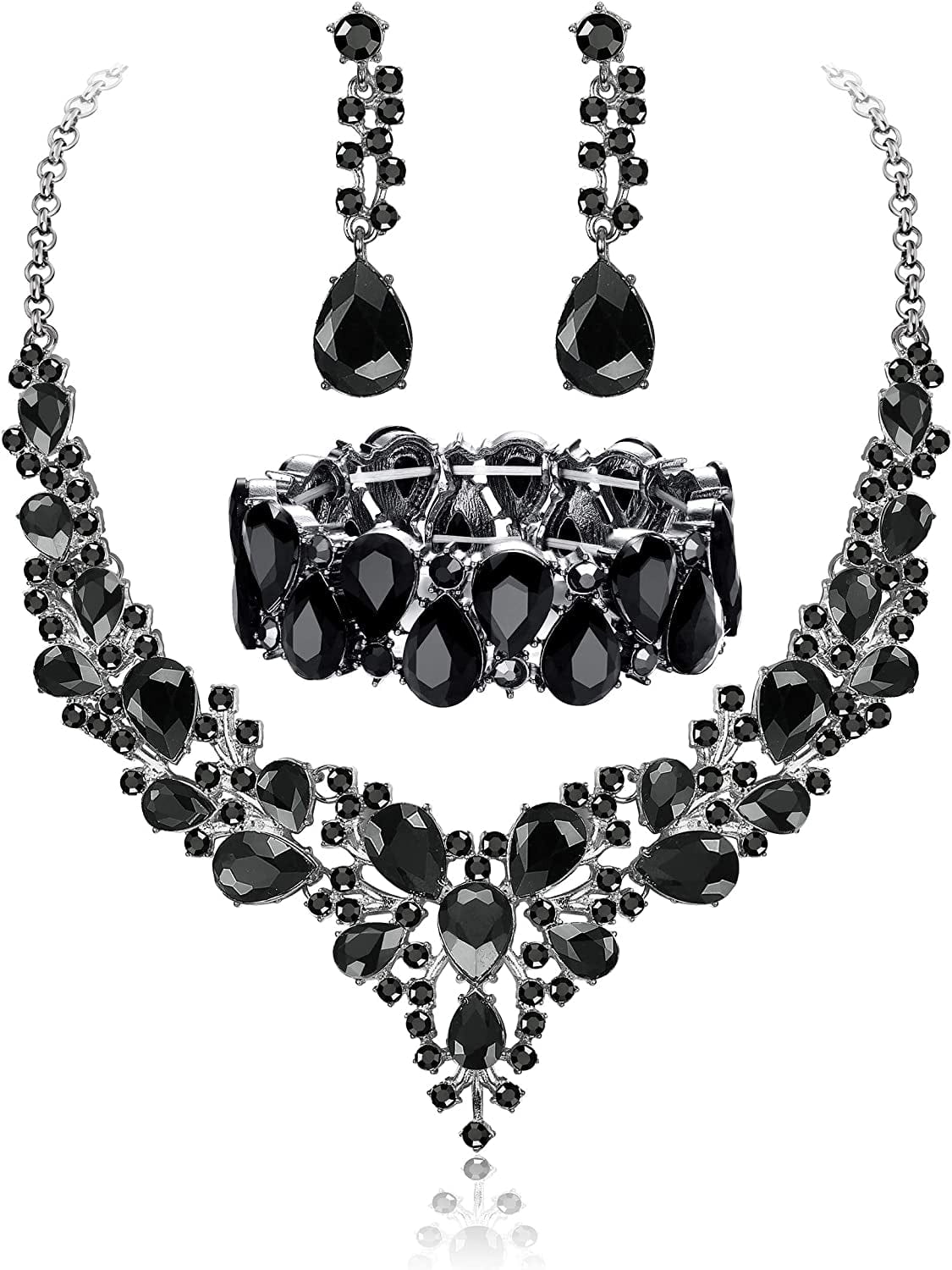 Crystal Bridal Jewelry Sets for Women Necklace Earrings Bracelet Set for Wedding Rhinestone Bridesmaid Gifts Fit with Wedding Dress C:3pcs-Black