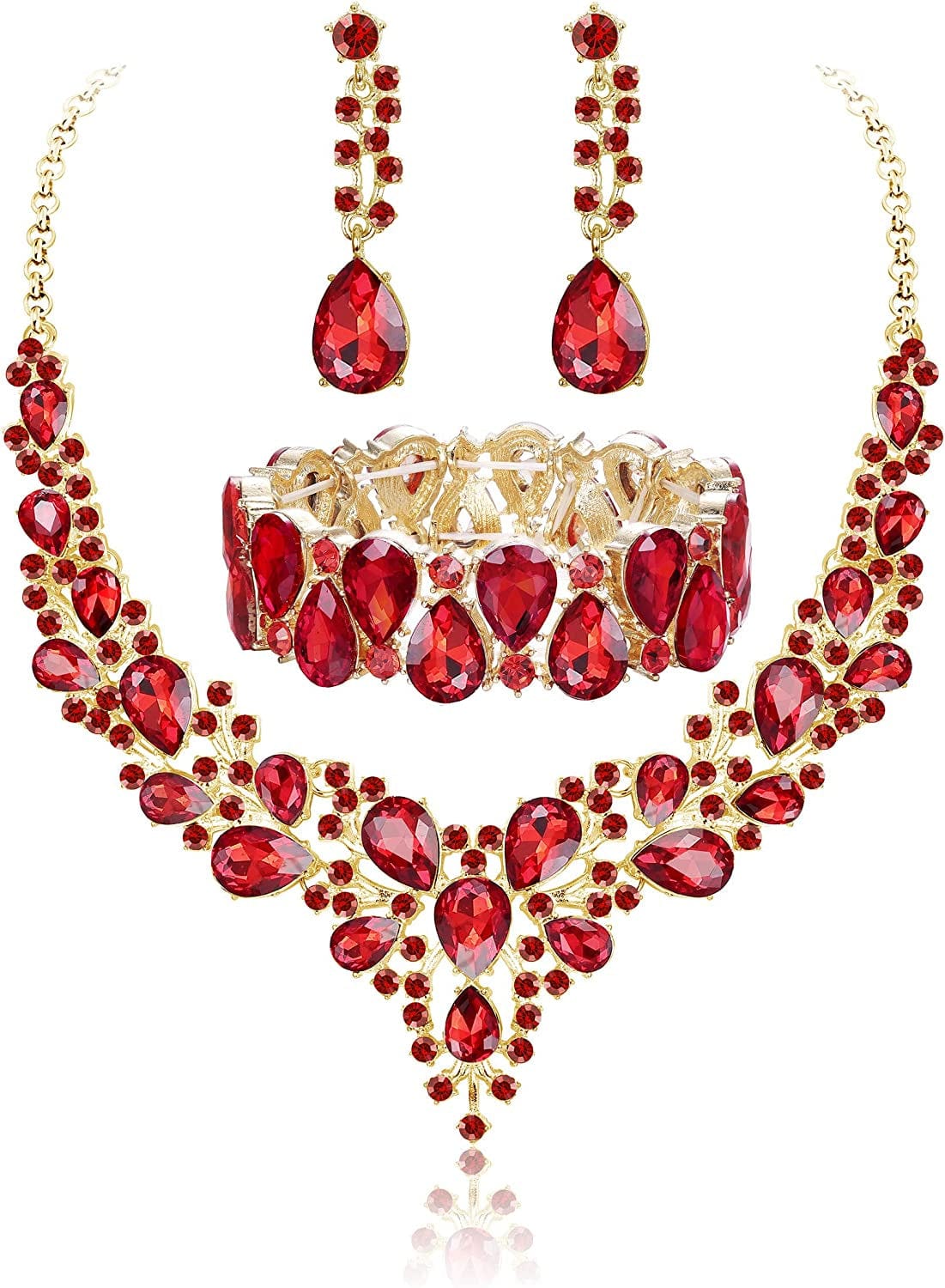 Crystal Bridal Jewelry Sets for Women Necklace Earrings Bracelet Set for Wedding Rhinestone Bridesmaid Gifts Fit with Wedding Dress B:3pcs-Red