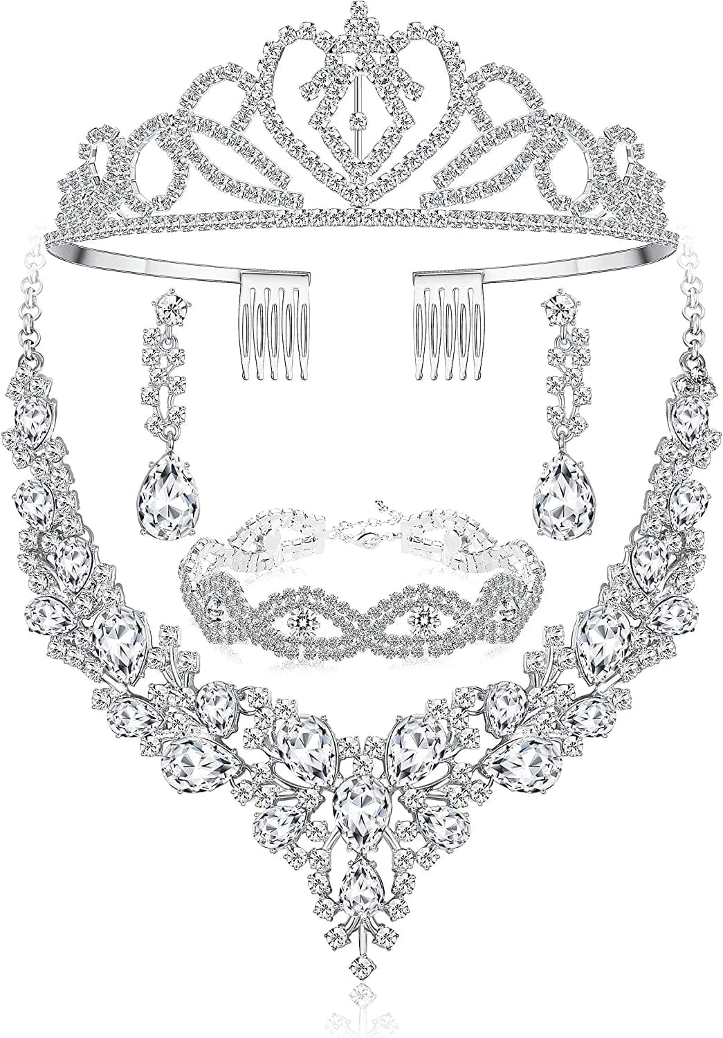 Crystal Bridal Jewelry Sets for Women Necklace Earrings Bracelet Set for Wedding Rhinestone Bridesmaid Gifts Fit with Wedding Dress D:4pcs-Silver