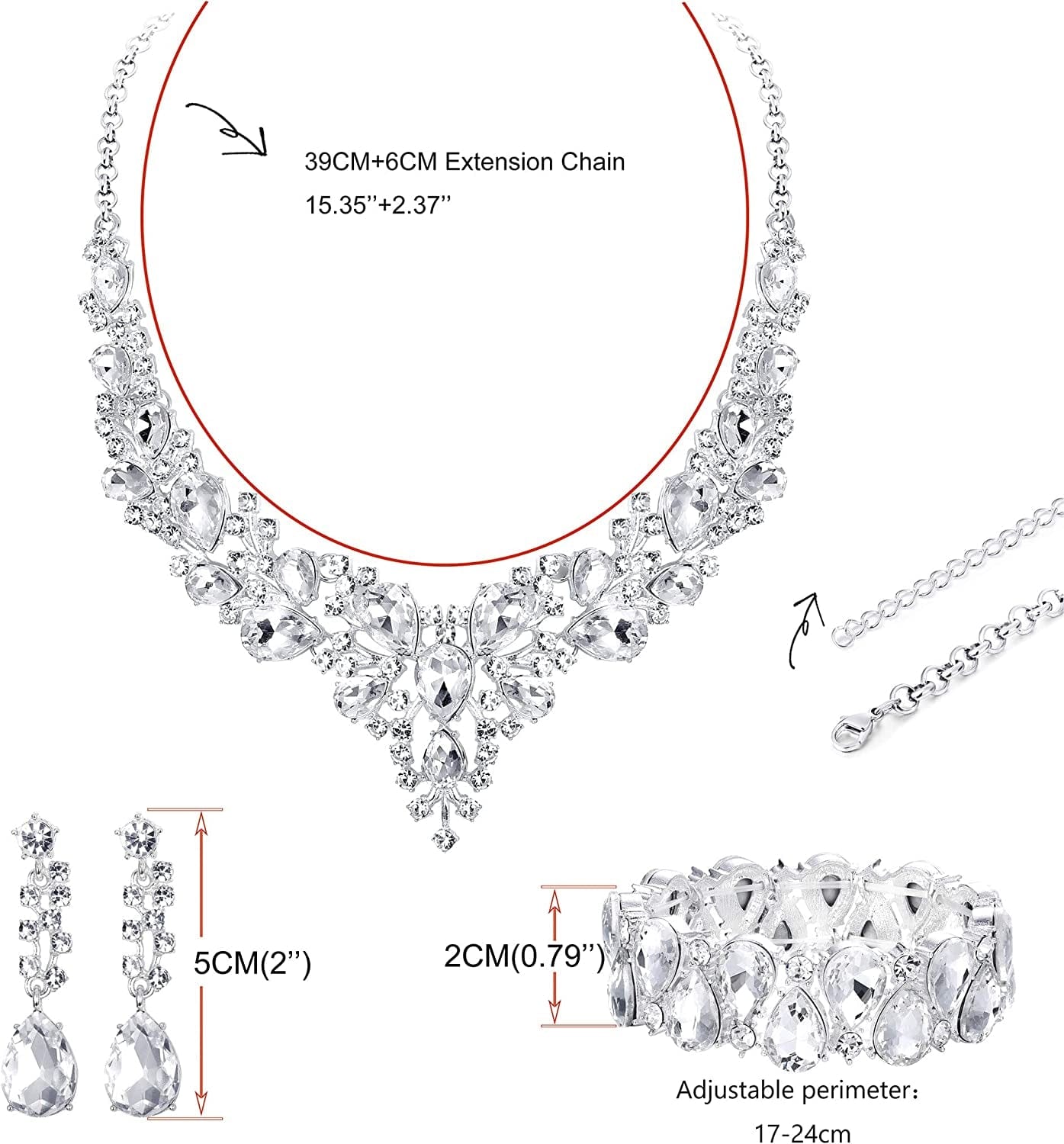 Crystal Bridal Jewelry Sets for Women Necklace Earrings Bracelet Set for Wedding Rhinestone Bridesmaid Gifts Fit with Wedding Dress