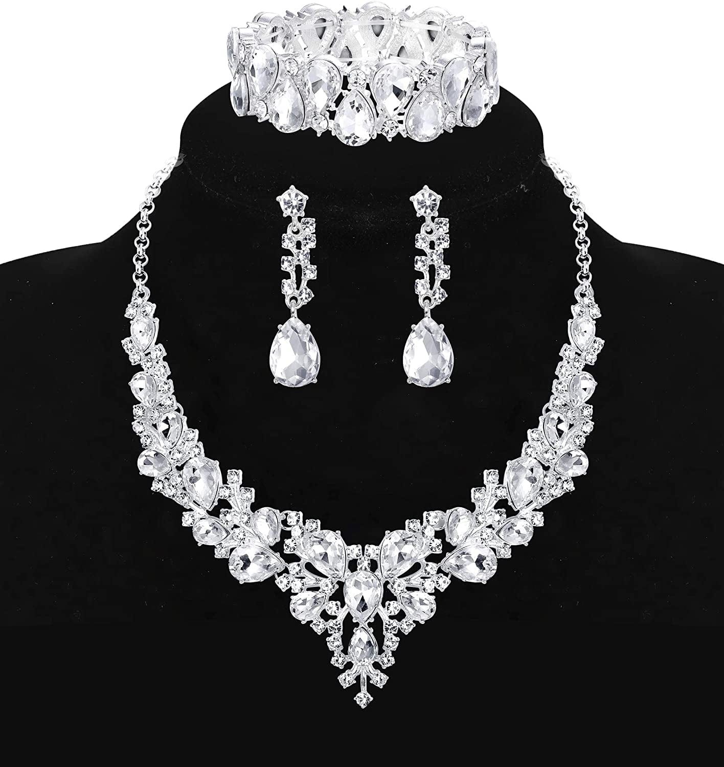 Crystal Bridal Jewelry Sets for Women Necklace Earrings Bracelet Set for Wedding Rhinestone Bridesmaid Gifts Fit with Wedding Dress