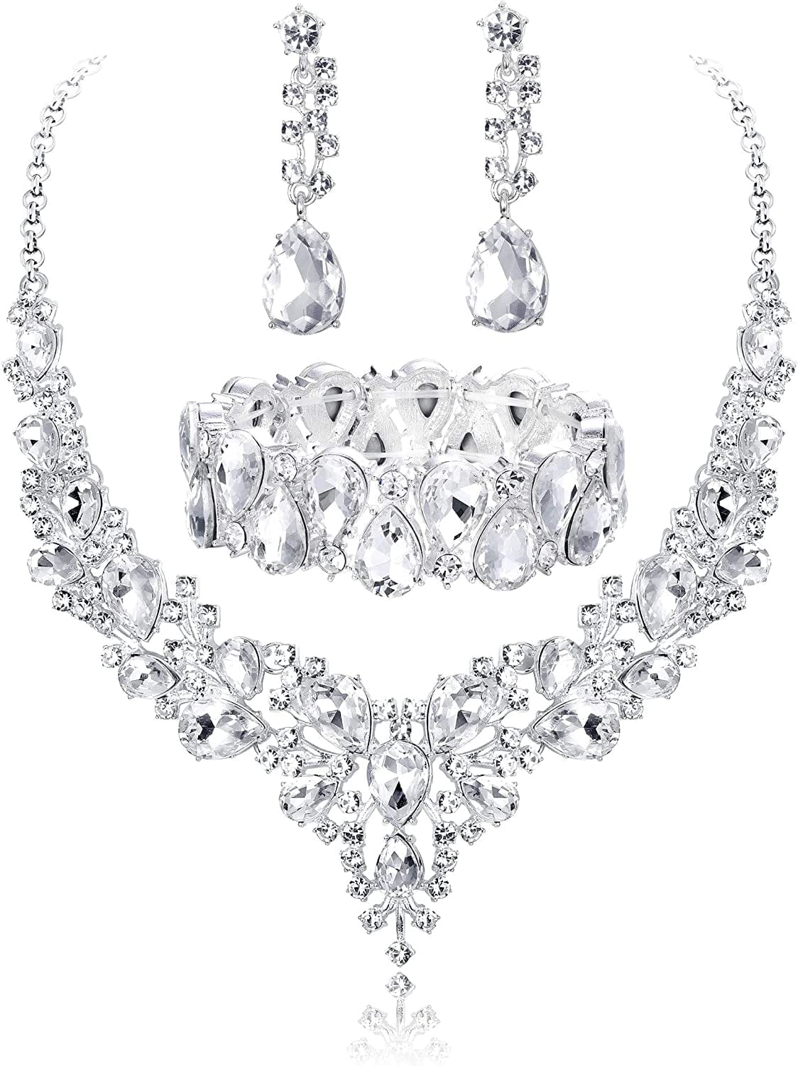 Crystal Bridal Jewelry Sets for Women Necklace Earrings Bracelet Set for Wedding Rhinestone Bridesmaid Gifts Fit with Wedding Dress A:3pcs-Silver Tone