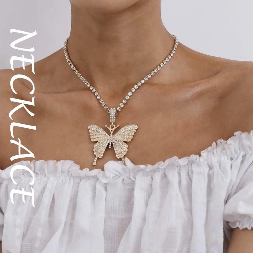 Crystal Necklace Choker Butterfly Necklaces for Women Rhinestone Chain Necklace Earrings Sets Butterflies Pendant Jewelry Set for Teen Girls (Set of 3)
