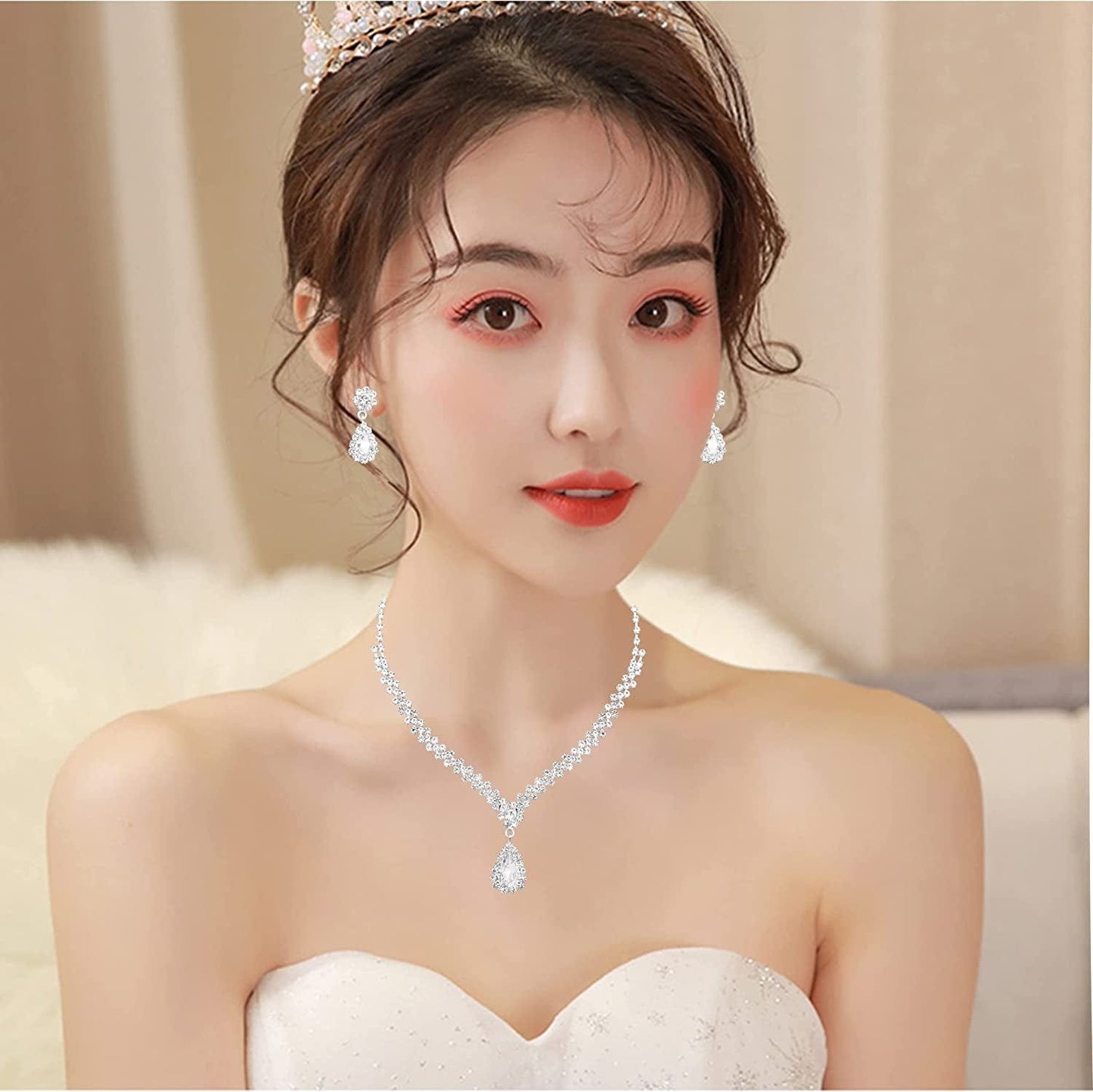 Crystal Necklace Earrings Bracelet Set Bridal Wedding Jewelry Sets Bride Bridesmaid Rhinestone Choker Prom Costume Jewelry Set for Women Girls