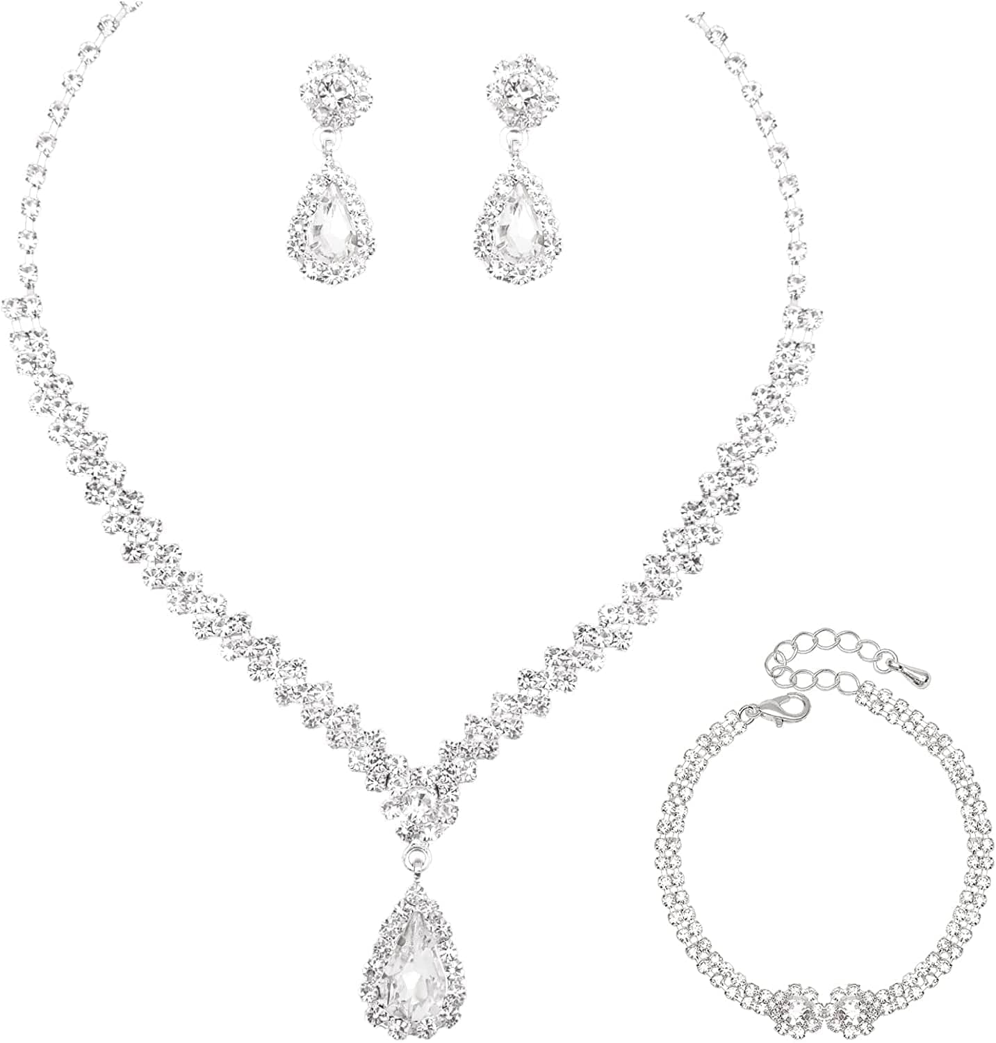Crystal Necklace Earrings Bracelet Set Bridal Wedding Jewelry Sets Bride Bridesmaid Rhinestone Choker Prom Costume Jewelry Set for Women Girls Style 1