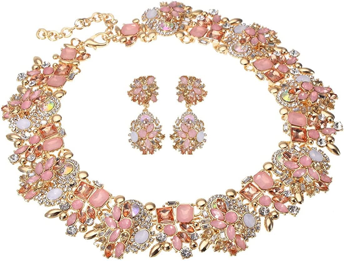 Crystal Rhinestone Statement Necklace, Vintage Chunky Chain Choker Collar Bib Statement Necklace Fashion Costume Jewelry Necklaces for Women… Pink02