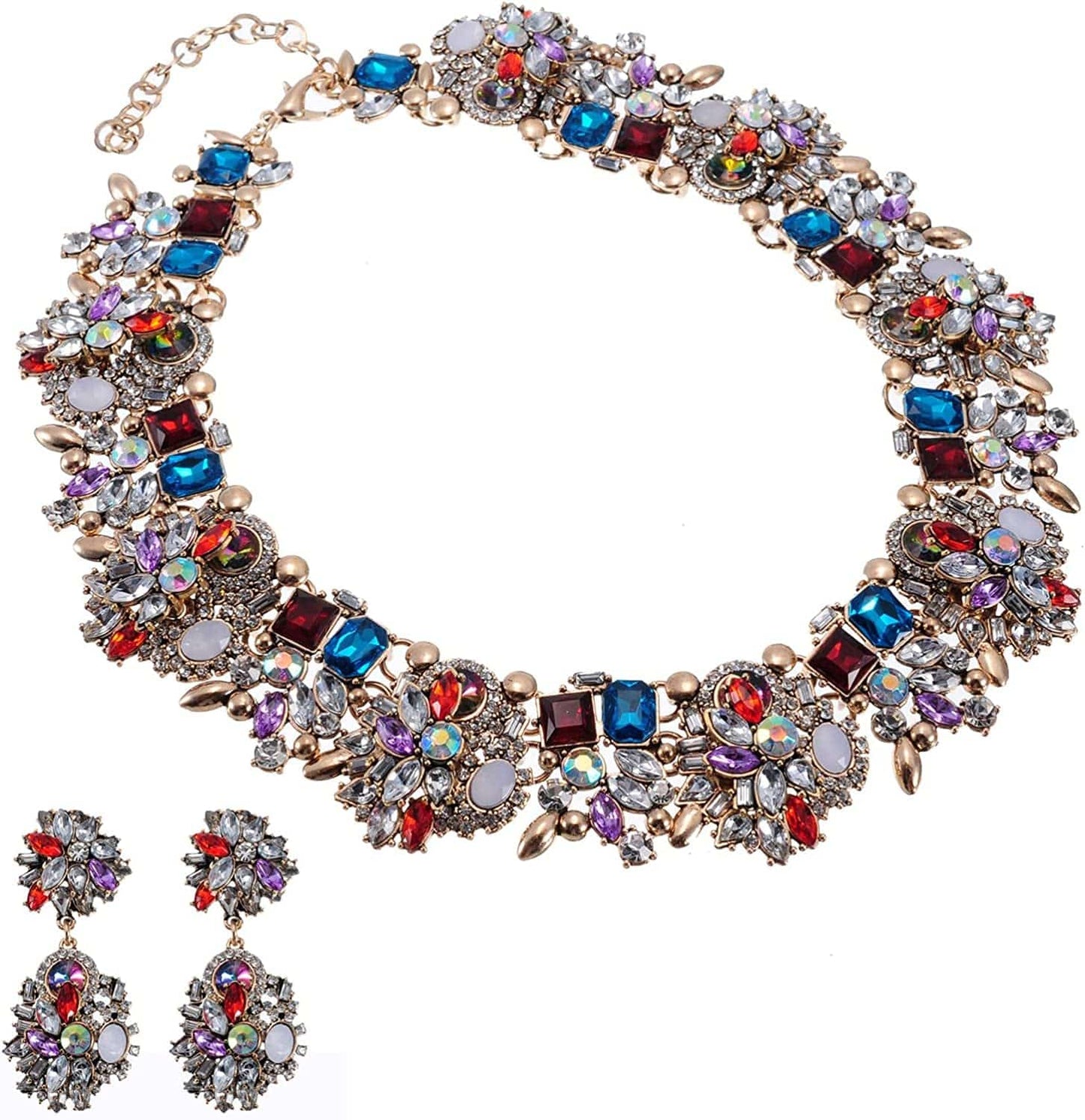 Crystal Rhinestone Statement Necklace, Vintage Chunky Chain Choker Collar Bib Statement Necklace Fashion Costume Jewelry Necklaces for Women… Red&Blue