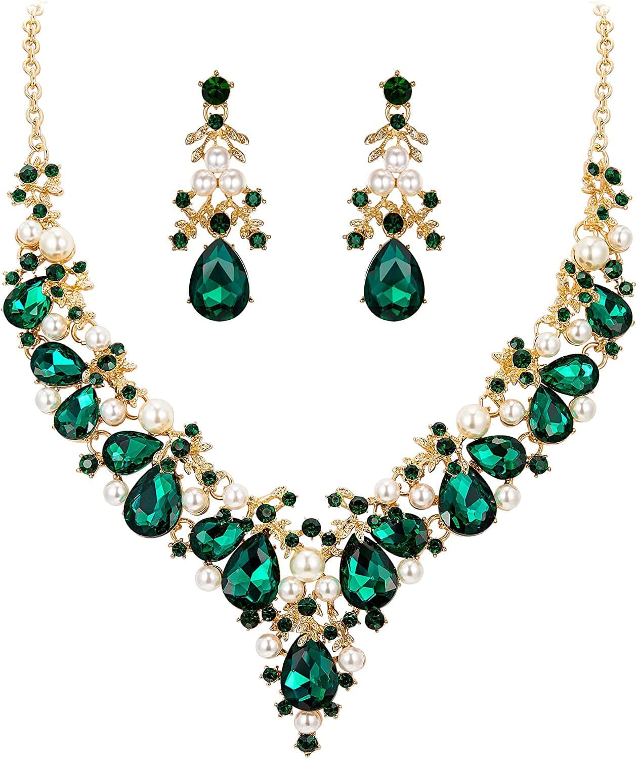 Crystal Simulated Pearl Gorgeous Bridal Leaf Teardrop Necklace Earrings Set Green Gold-Tone
