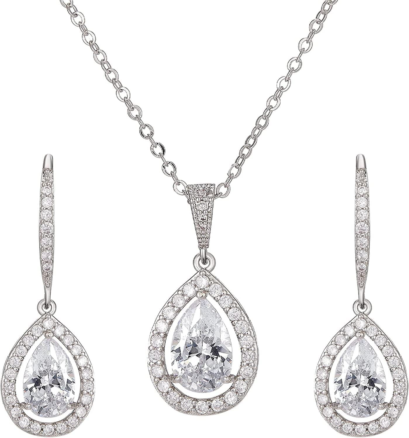 Crystal Teardrop Wedding Jewelry Sets for Brides Birdesmaids, Rhinestone Cubic Zirconia Bridal Backdrop Necklace and Earrings Jewelry Sets for Women, Prom Costume Jewelry Silver