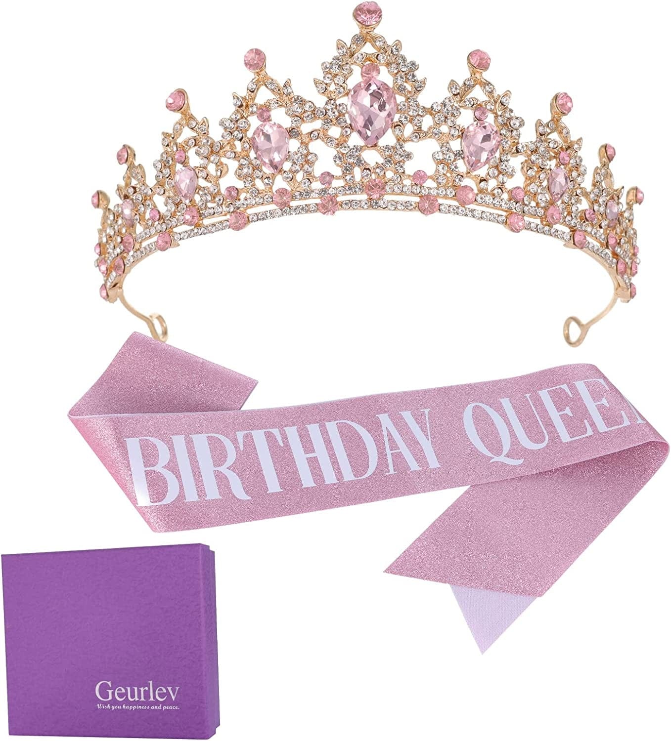Crystal Tiaras and Crowns for Women Princess Girls,Jeweled Wedding Tiara for Bride,Birthday, Cosplay (GE1001) Ge-1001pk With Sash