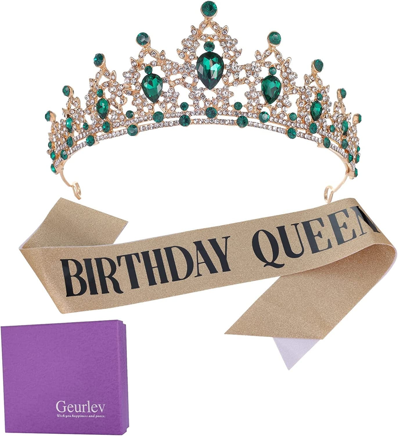 Crystal Tiaras and Crowns for Women Princess Girls,Jeweled Wedding Tiara for Bride,Birthday, Cosplay (GE1001) Gold Green With Sash