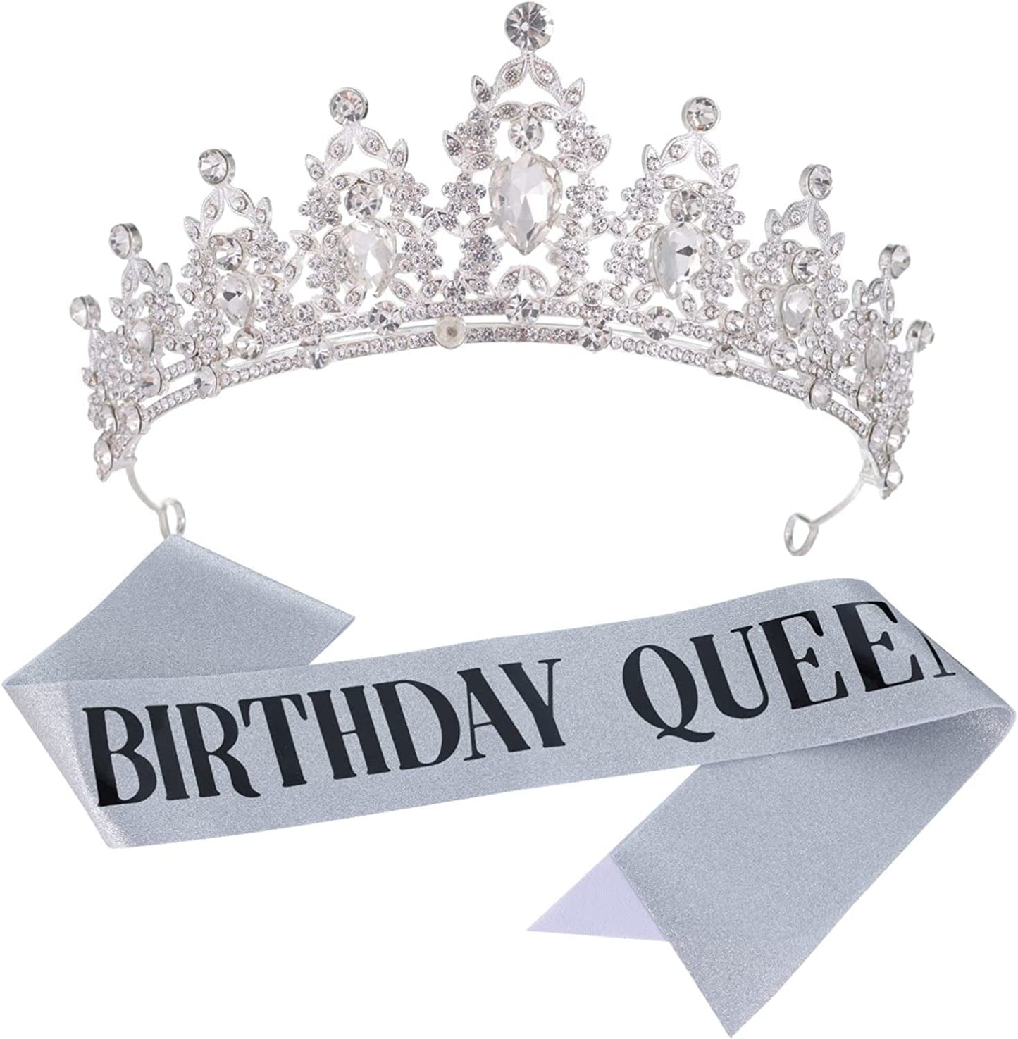 Crystal Tiaras and Crowns for Women Princess Girls,Jeweled Wedding Tiara for Bride,Birthday, Cosplay (GE1001) Silver With Sash
