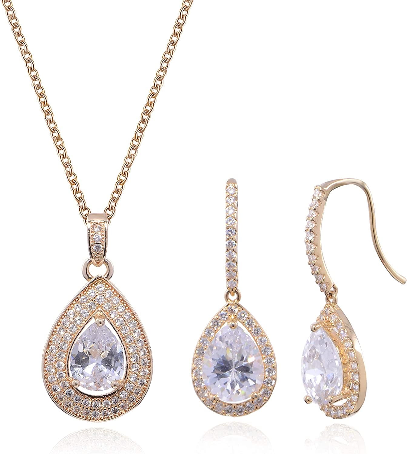 Crystal Wedding Bridal Jewelry Set Teardrop Pendant Necklace Drop Dangle Earrings Set for Bride Bridesmaids Mother of Bride Prom Party Formal Jewelry Set for Women Teardrop-gold