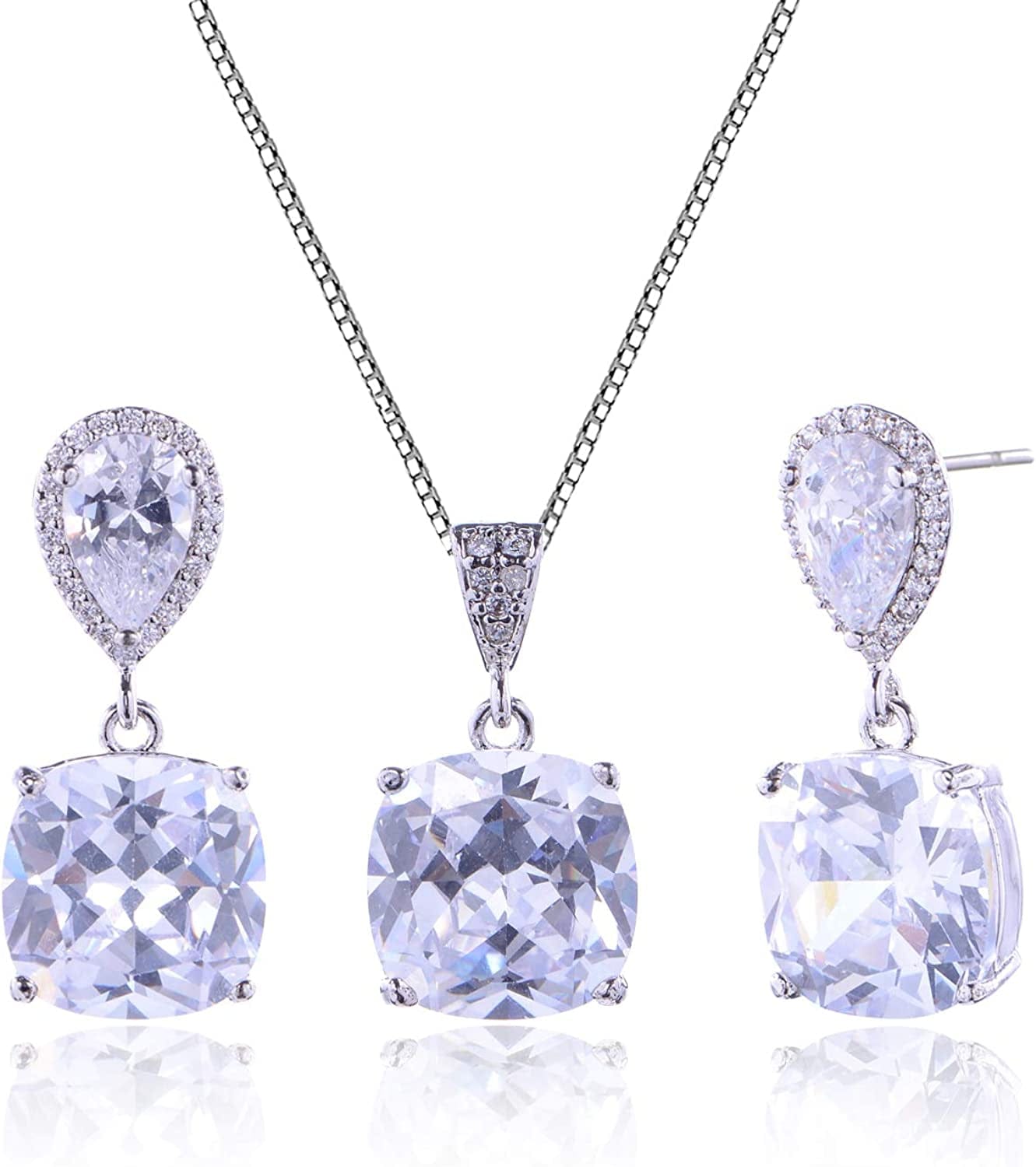 Crystal Wedding Bridal Jewelry Set Teardrop Pendant Necklace Drop Dangle Earrings Set for Bride Bridesmaids Mother of Bride Prom Party Formal Jewelry Set for Women square teardrop crystal jewelry set