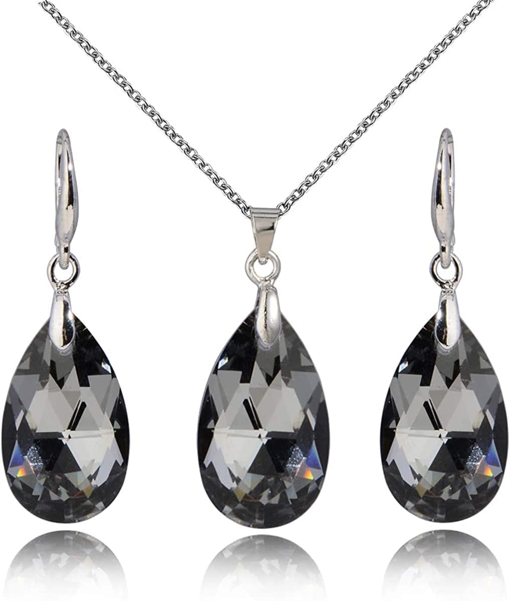 Crystal Wedding Bridal Jewelry Set Teardrop Pendant Necklace Drop Dangle Earrings Set for Bride Bridesmaids Mother of Bride Prom Party Formal Jewelry Set for Women crystal teardrop jewelry set - grey