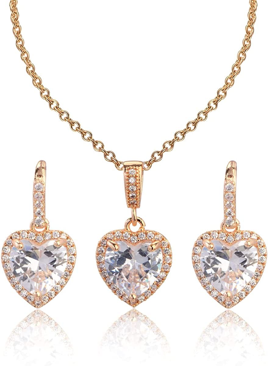 Crystal Wedding Bridal Jewelry Set Teardrop Pendant Necklace Drop Dangle Earrings Set for Bride Bridesmaids Mother of Bride Prom Party Formal Jewelry Set for Women heart shape jewelry set gold