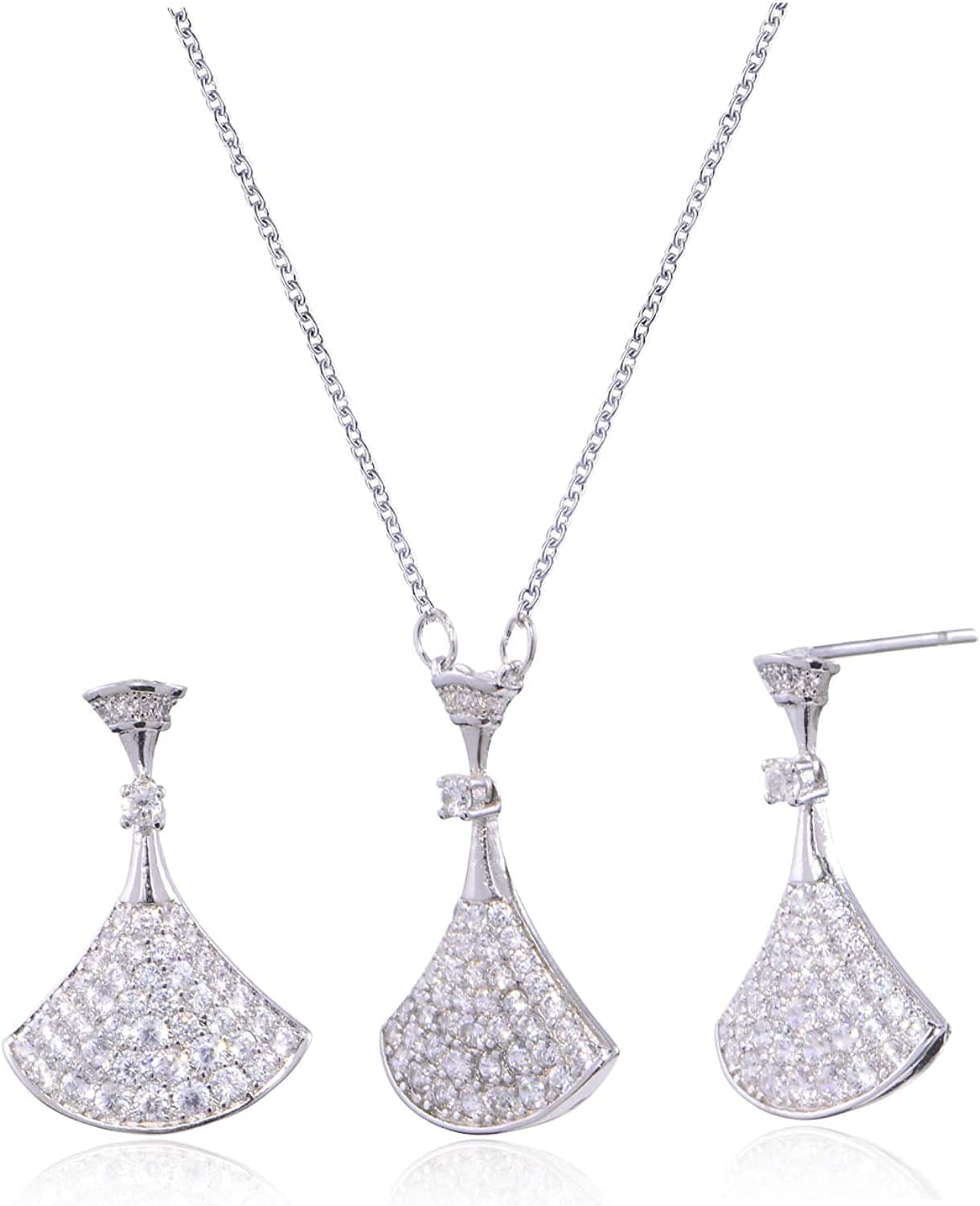 Crystal Wedding Bridal Jewelry Set Teardrop Pendant Necklace Drop Dangle Earrings Set for Bride Bridesmaids Mother of Bride Prom Party Formal Jewelry Set for Women cz jewelry set fan shape