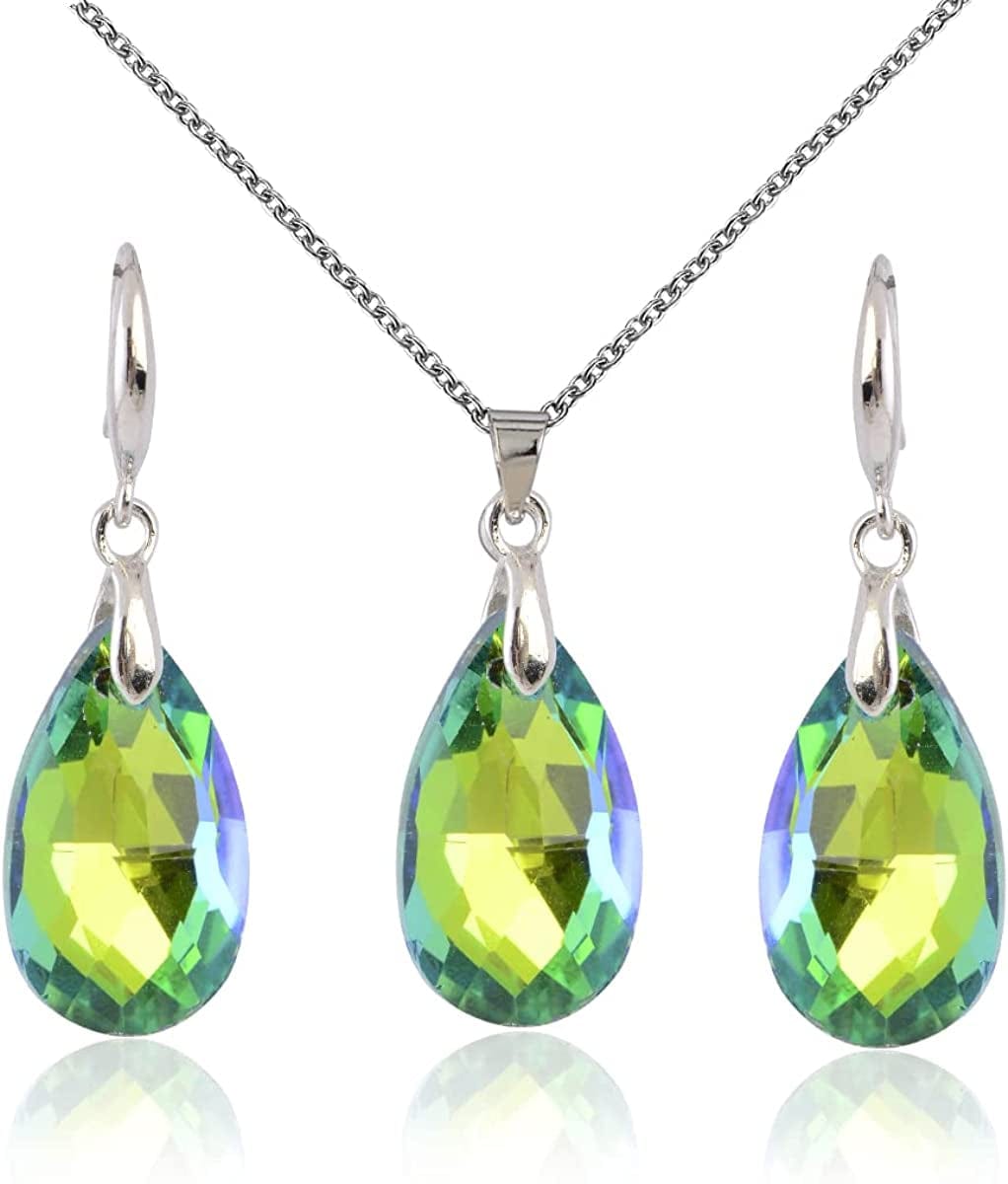 Crystal Wedding Bridal Jewelry Set Teardrop Pendant Necklace Drop Dangle Earrings Set for Bride Bridesmaids Mother of Bride Prom Party Formal Jewelry Set for Women crystal teardrop jewelry set - green