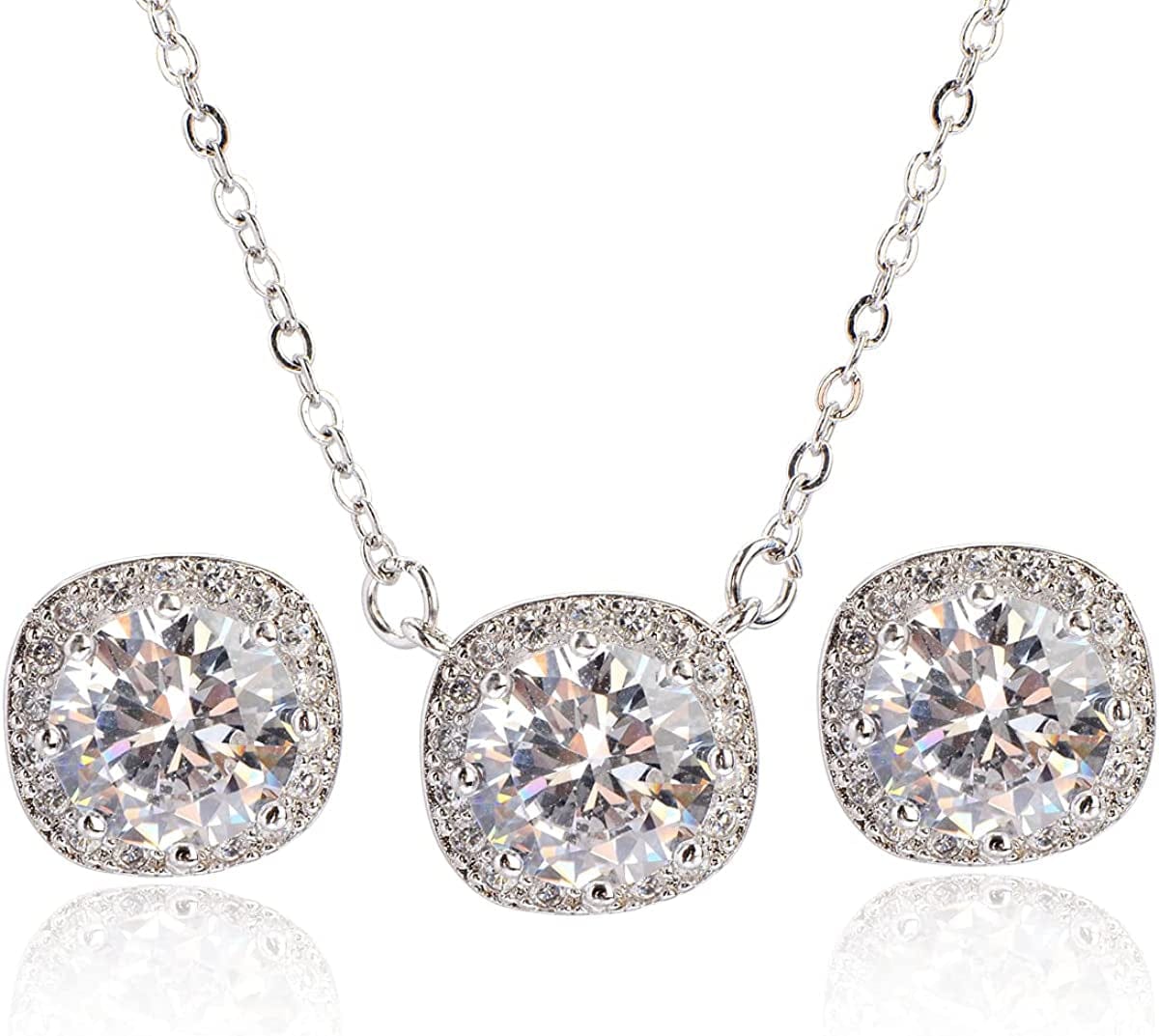 Crystal Wedding Bridal Jewelry Set Teardrop Pendant Necklace Drop Dangle Earrings Set for Bride Bridesmaids Mother of Bride Prom Party Formal Jewelry Set for Women Cushion-silver