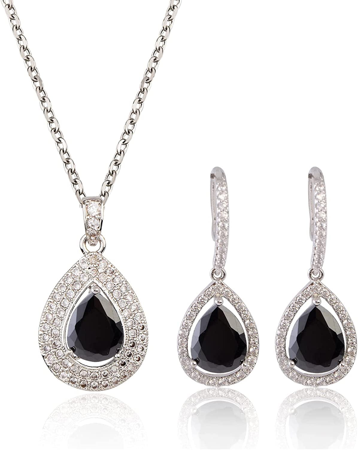 Crystal Wedding Bridal Jewelry Set Teardrop Pendant Necklace Drop Dangle Earrings Set for Bride Bridesmaids Mother of Bride Prom Party Formal Jewelry Set for Women teardrop jewelry set black silver