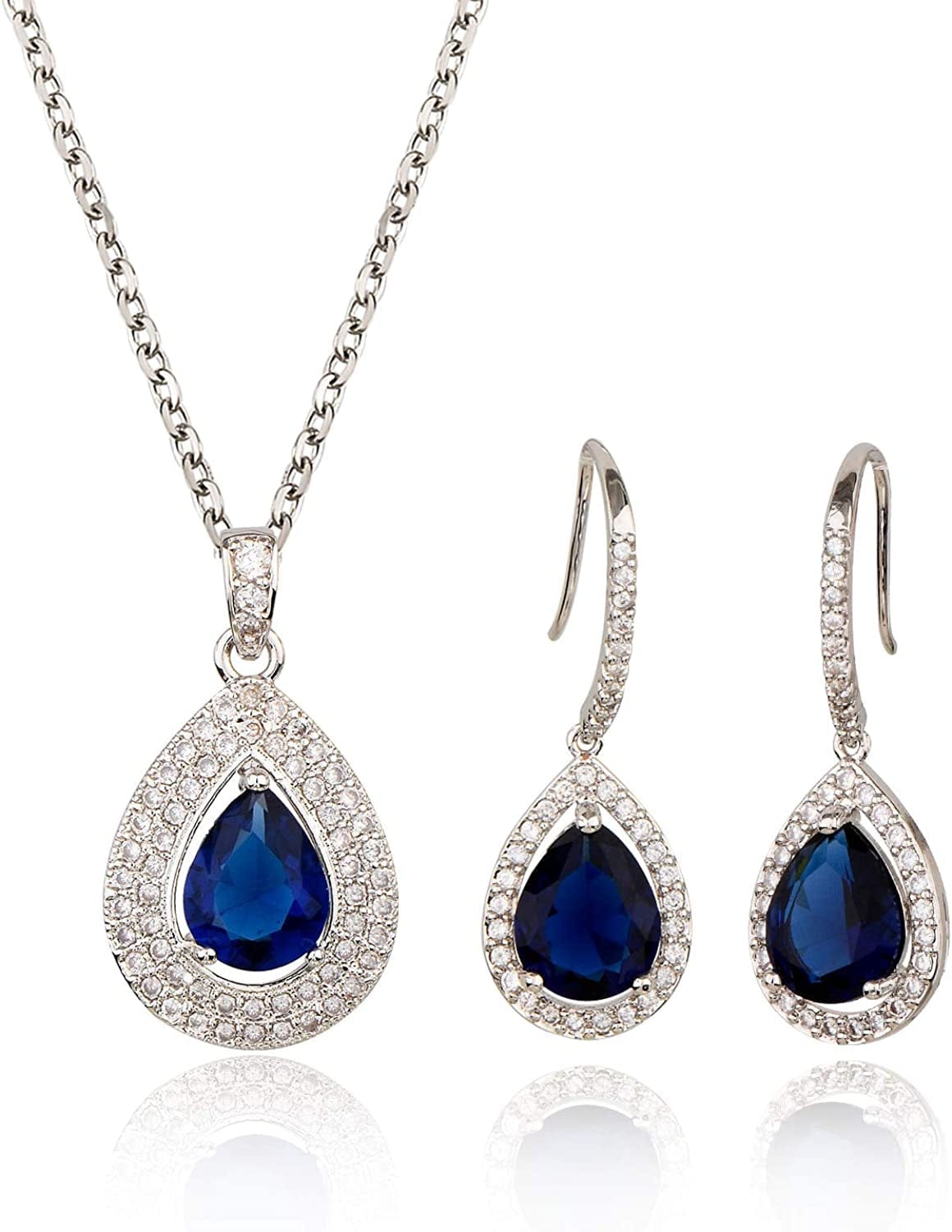 Crystal Wedding Bridal Jewelry Set Teardrop Pendant Necklace Drop Dangle Earrings Set for Bride Bridesmaids Mother of Bride Prom Party Formal Jewelry Set for Women pear shape jewelry set sapphire blue