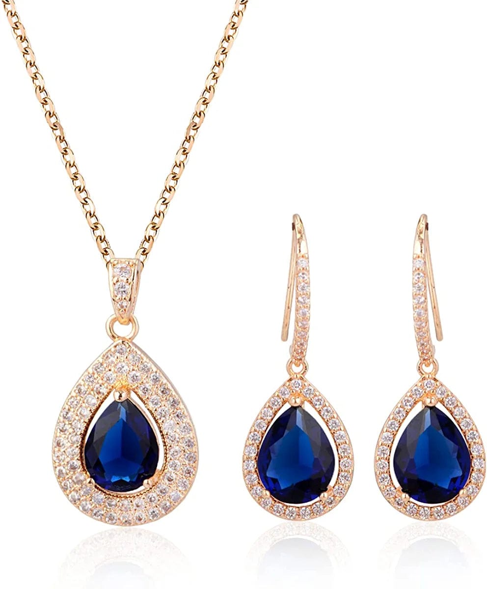Crystal Wedding Bridal Jewelry Set Teardrop Pendant Necklace Drop Dangle Earrings Set for Bride Bridesmaids Mother of Bride Prom Party Formal Jewelry Set for Women teardrop jewelry set blue gold