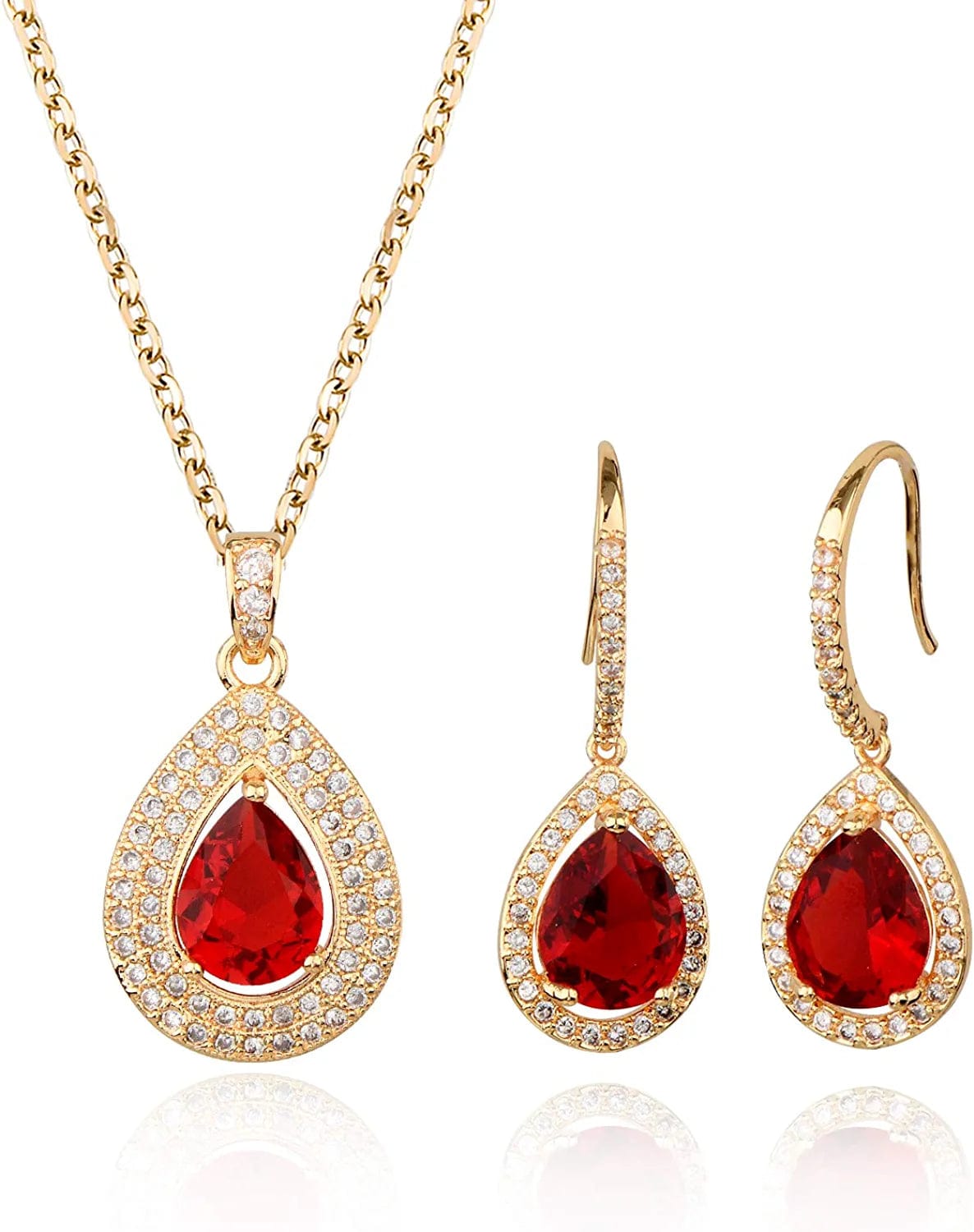 Crystal Wedding Bridal Jewelry Set Teardrop Pendant Necklace Drop Dangle Earrings Set for Bride Bridesmaids Mother of Bride Prom Party Formal Jewelry Set for Women teardrop jewelry set ruby red