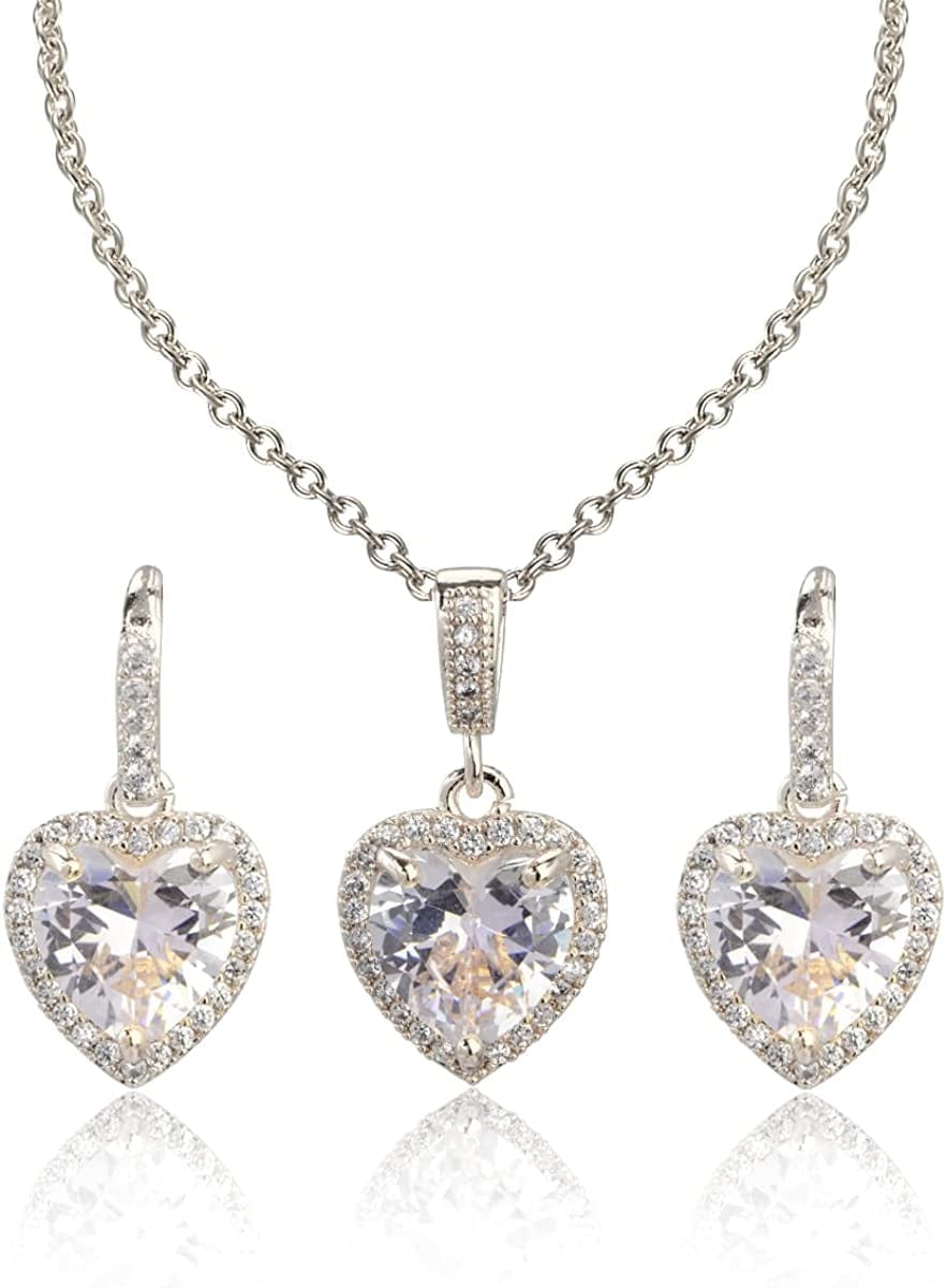 Crystal Wedding Bridal Jewelry Set Teardrop Pendant Necklace Drop Dangle Earrings Set for Bride Bridesmaids Mother of Bride Prom Party Formal Jewelry Set for Women heart shape jewelry set silver
