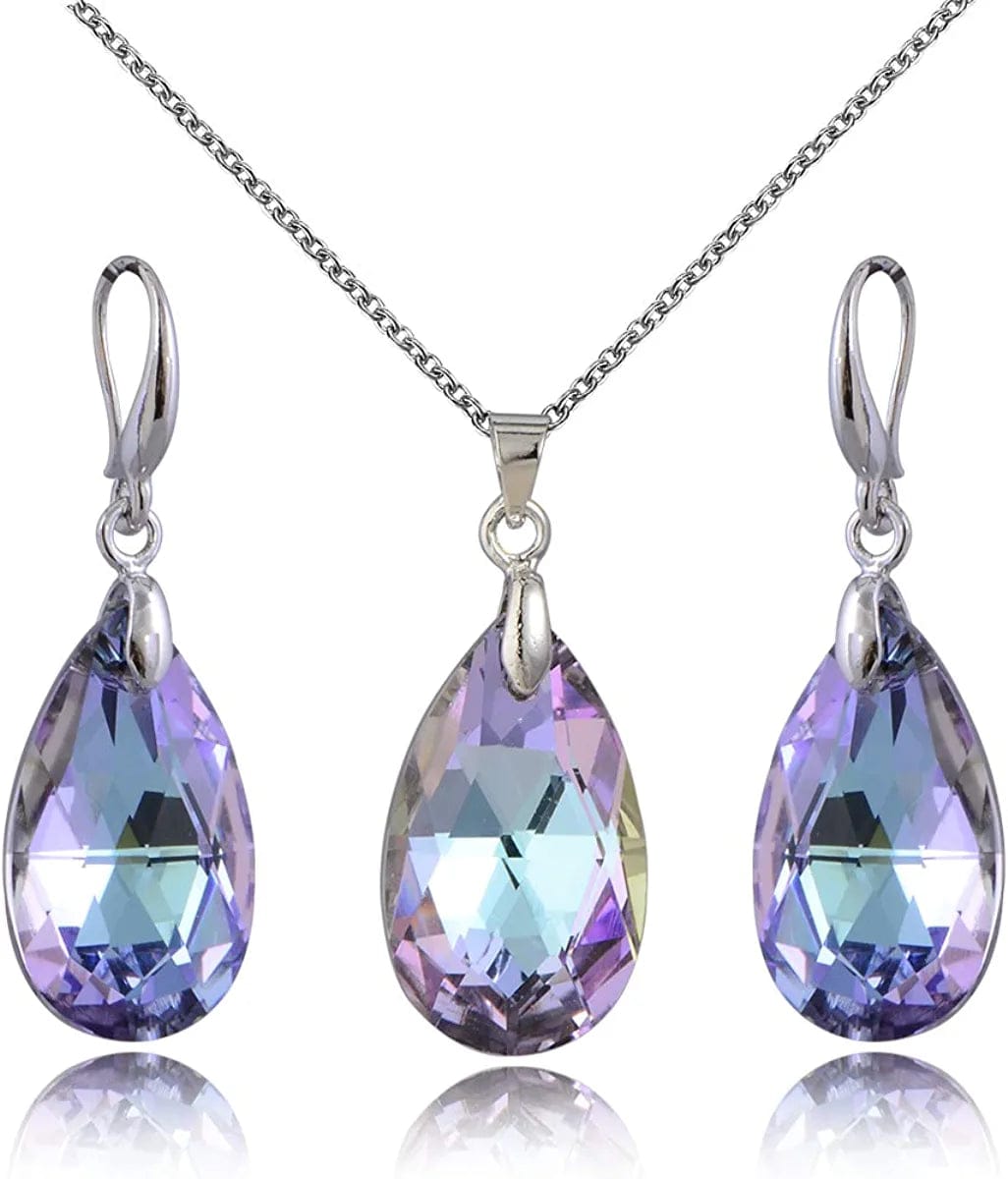 Crystal Wedding Bridal Jewelry Set Teardrop Pendant Necklace Drop Dangle Earrings Set for Bride Bridesmaids Mother of Bride Prom Party Formal Jewelry Set for Women crystal teardrop jewelry set - purple