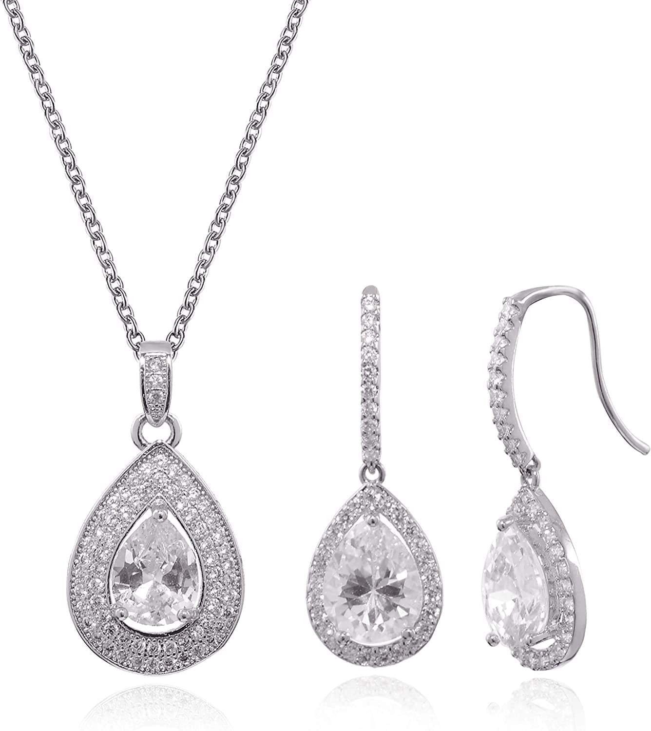 Crystal Wedding Bridal Jewelry Set Teardrop Pendant Necklace Drop Dangle Earrings Set for Bride Bridesmaids Mother of Bride Prom Party Formal Jewelry Set for Women Teardrop-silver