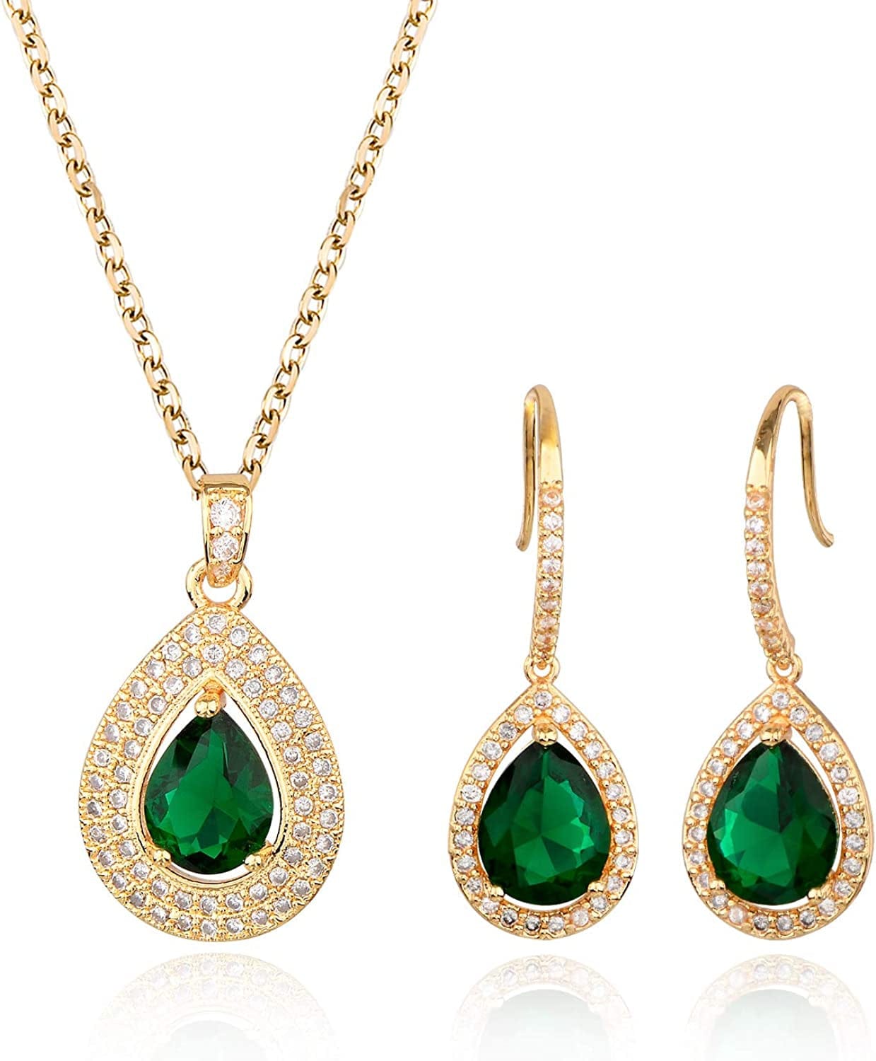 Crystal Wedding Bridal Jewelry Set Teardrop Pendant Necklace Drop Dangle Earrings Set for Bride Bridesmaids Mother of Bride Prom Party Formal Jewelry Set for Women pear shape jewelry set emerald green