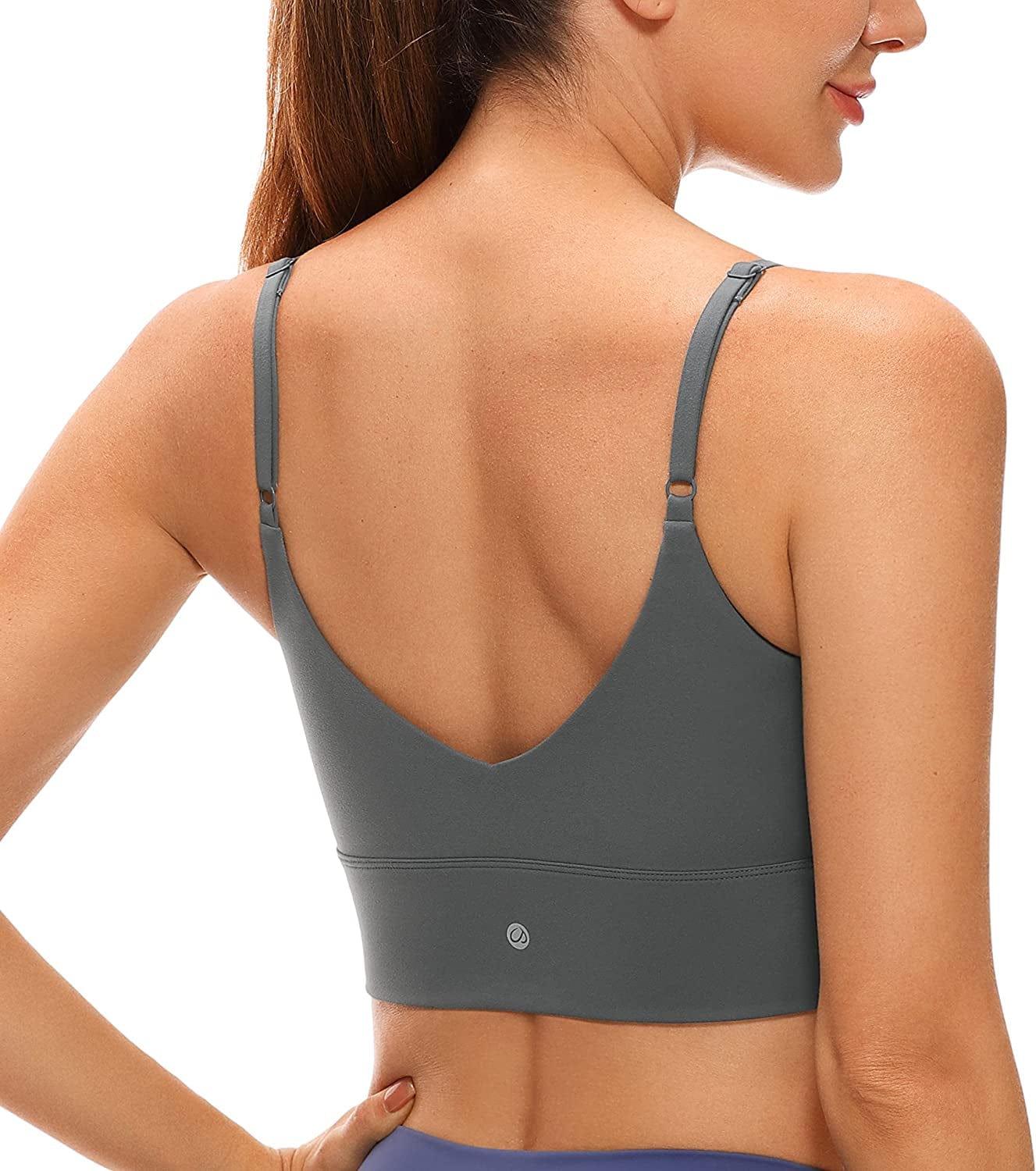 CRZ YOGA Adjustable Longline Sports Bra for Women - V Back Wireless Workout Padded Yoga Bra Cropped Tank Tops Dark Carbon / Small