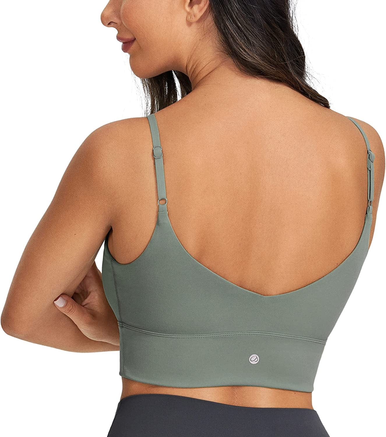 CRZ YOGA Adjustable Longline Sports Bra for Women - V Back Wireless Workout Padded Yoga Bra Cropped Tank Tops Grey Sage / Medium
