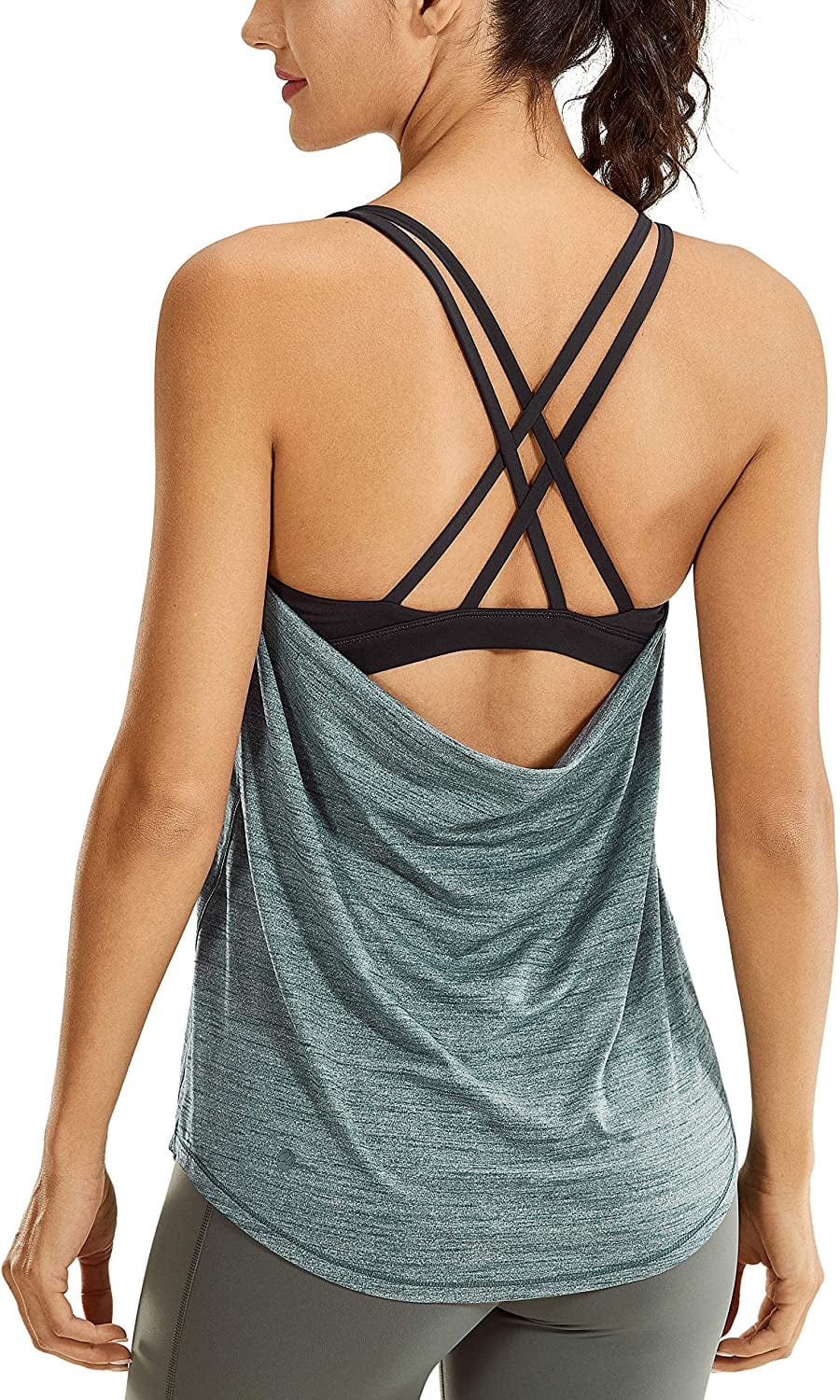 CRZ YOGA Lightweight Heather Women'S Workout Tank Tops with Built-In Shelf Bra Flowy Shirts Strappy Open Back Activewear Aqua Green Grey / Small