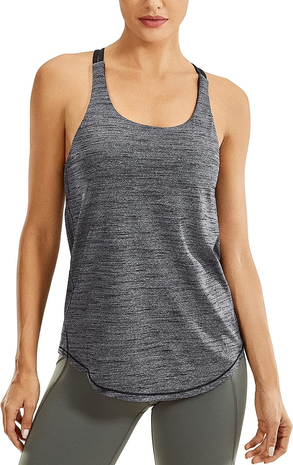 CRZ YOGA Lightweight Heather Women'S Workout Tank Tops with Built-In Shelf Bra Flowy Shirts Strappy Open Back Activewear Black Feather Grey / Small