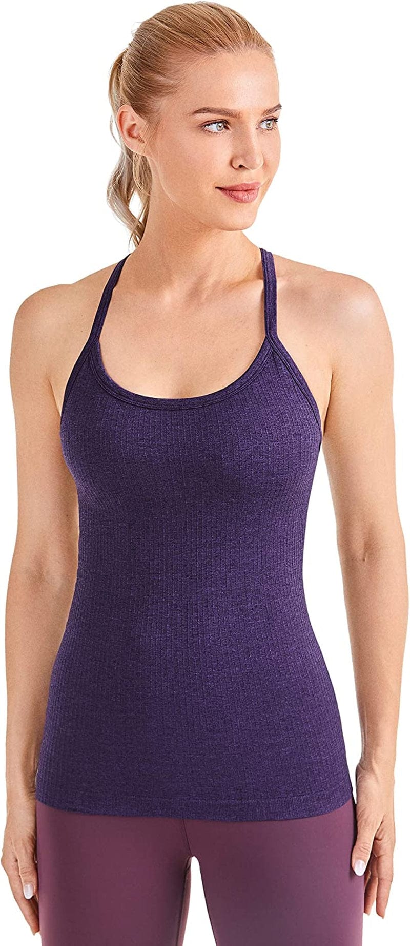 CRZ YOGA Seamless Workout Tank Tops for Women Racerback Athletic Camisole Sports Shirts with Built in Bra Berry Purple / XX-Small