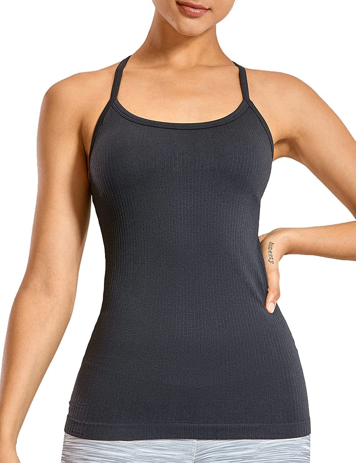 CRZ YOGA Seamless Workout Tank Tops for Women Racerback Athletic Camisole Sports Shirts with Built in Bra Dark Grey / Small