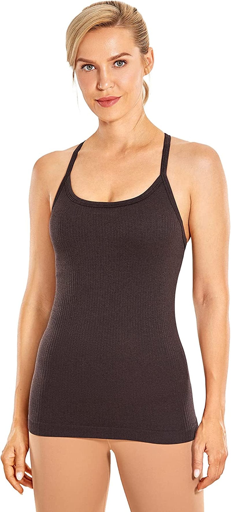 CRZ YOGA Seamless Workout Tank Tops for Women Racerback Athletic Camisole Sports Shirts with Built in Bra Purple Taupe / X-Small