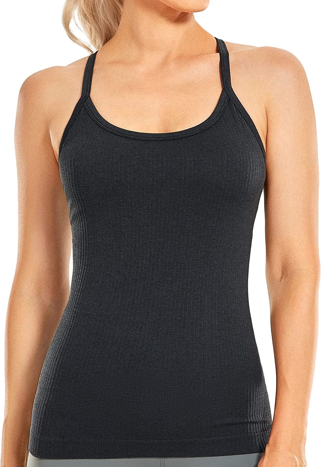 CRZ YOGA Seamless Workout Tank Tops for Women Racerback Athletic Camisole Sports Shirts with Built in Bra Melanite / Small