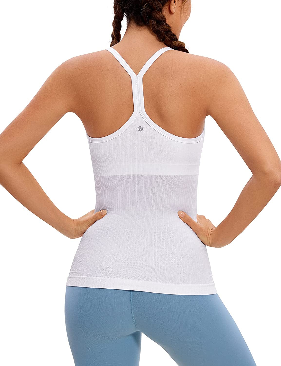 CRZ YOGA Seamless Workout Tank Tops for Women Racerback Athletic Camisole Sports Shirts with Built in Bra White / Medium