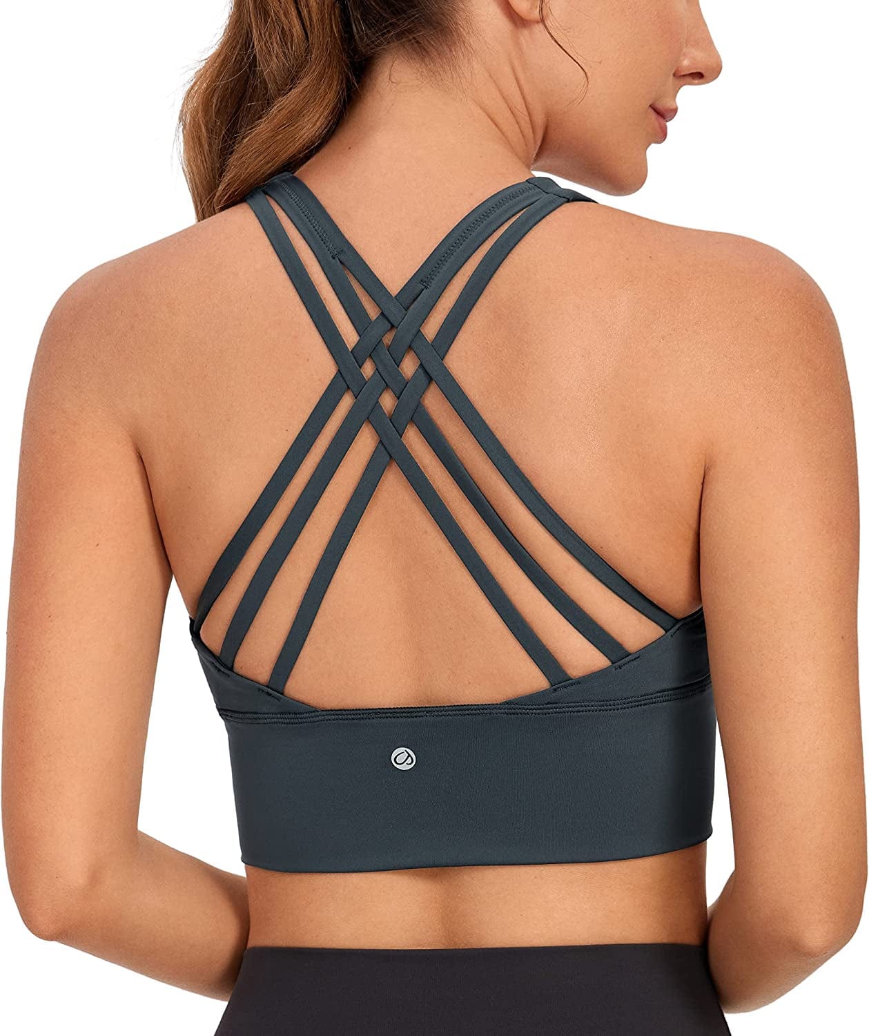 CRZ YOGA Strappy Longline Sports Bras for Women - Wirefree Padded Criss Cross Yoga Bras Cropped Tank Tops Melanite / Medium